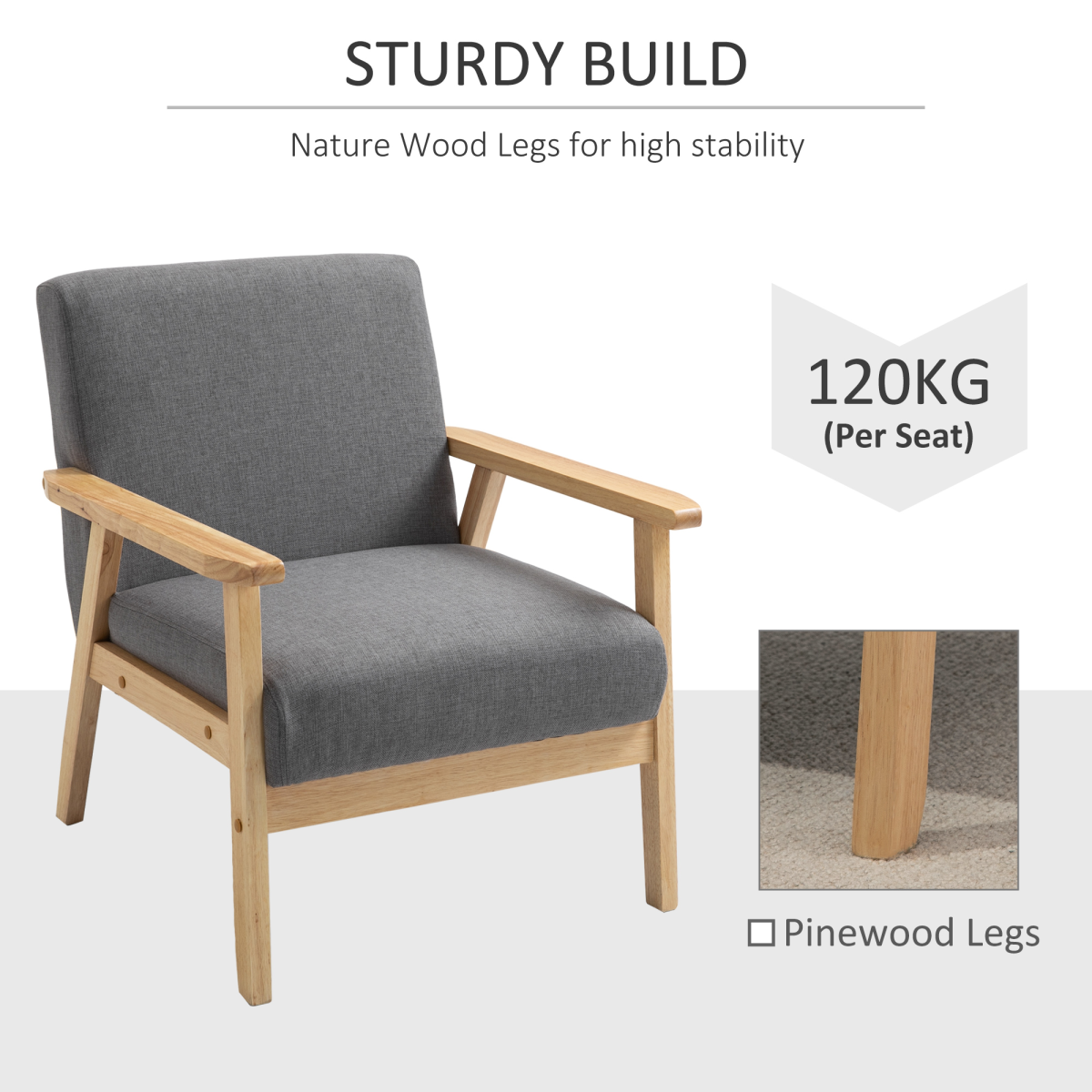 HOMCOM Linen Upholstered Pine Wood Accent Armchair, Grey/Oak
