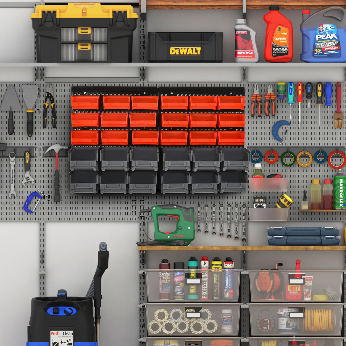 DURHAND Wall Mounted Plastic 30-Compartment Tool Hardware Organiser with Pegboard and Storage Cubbies