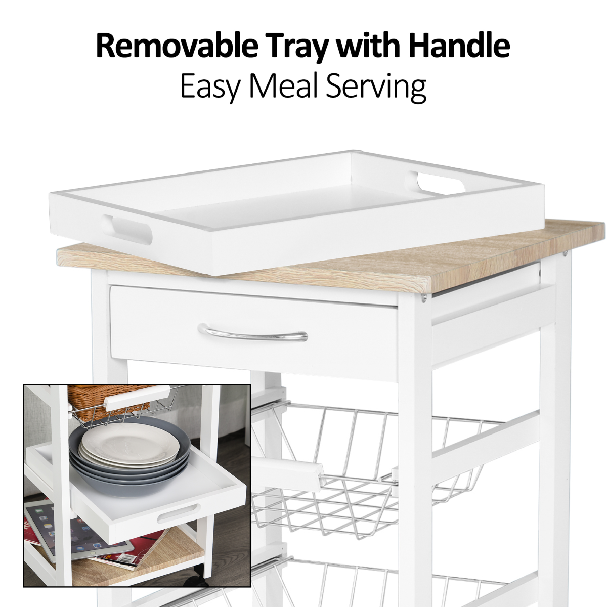 HOMCOM 5-Tier Kitchen Storage Trolley with Drawer, Wire Baskets, Pull-Out Tray and Bottom Shelf, White