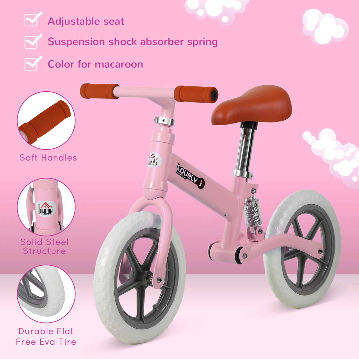 HOMCOM Kids Balance Bike with Adjustable Seat, No Pedal, Ages 2-5 Years