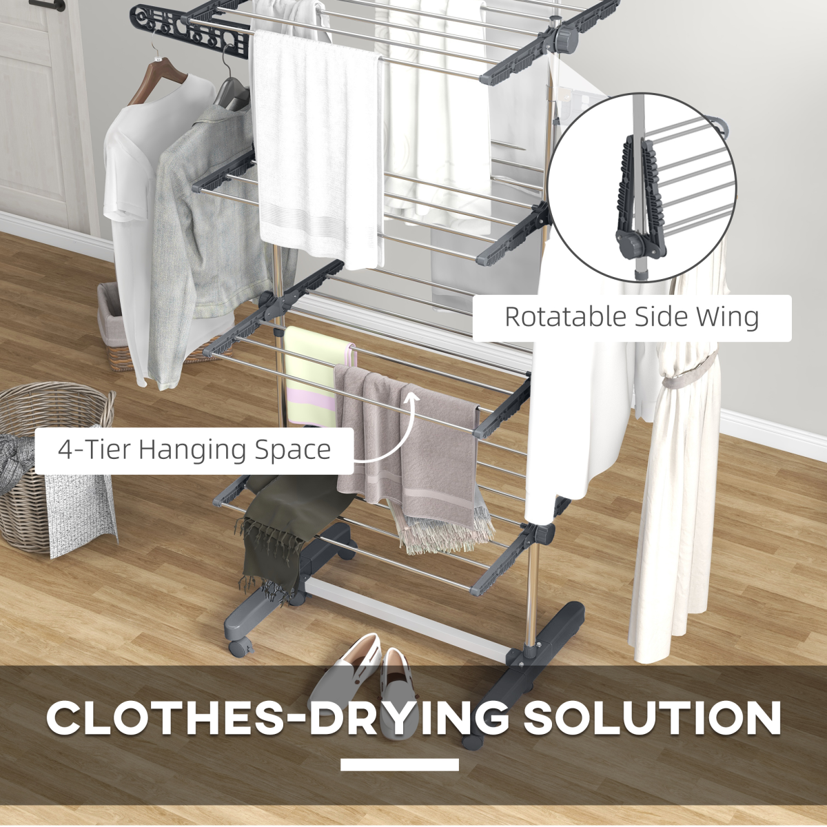 HOMCOM 4-Tier Stainless Steel Clothes Airer with Wheels, Grey