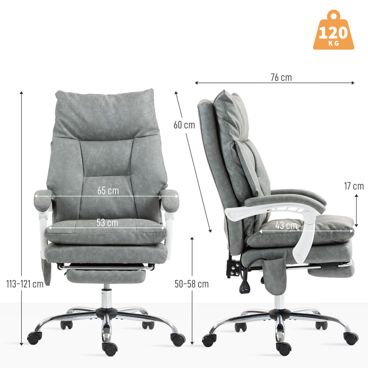 HOMCOM Grey Office Chair with Adjustable Lumbar, 135° Recline & Footrest