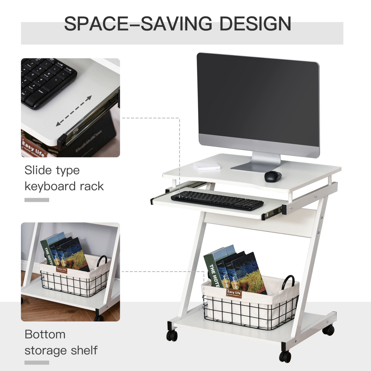 HOMCOM Computer Desk with Sliding Keyboard Tray, 4 Wheels, Bottom Shelf, White