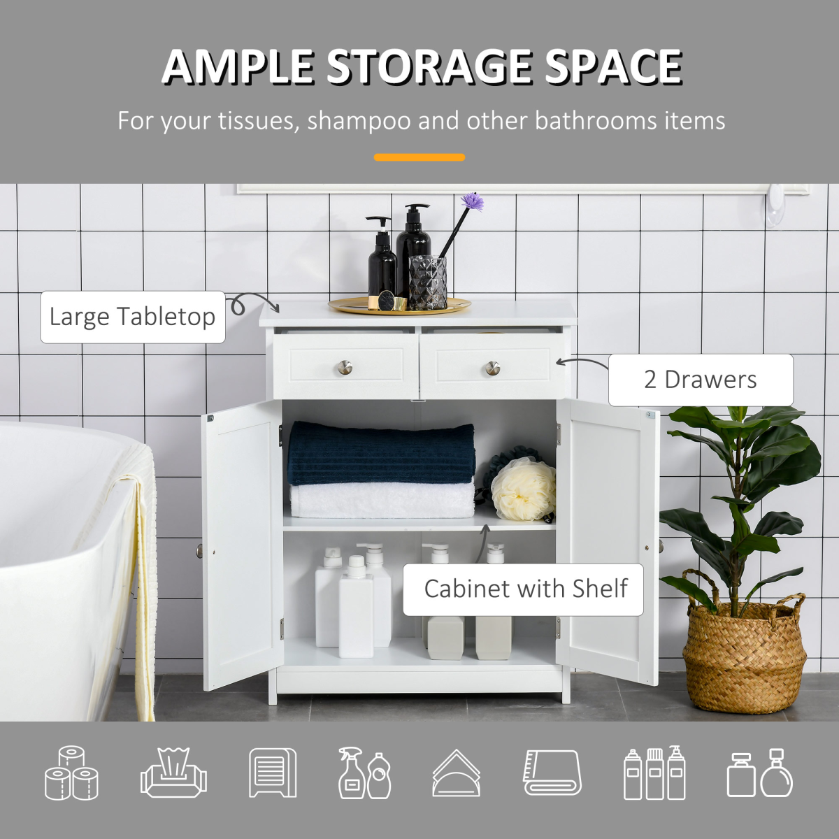 kleankin White Bathroom Floor Storage Cabinet with 2 Drawers, Cupboard and Adjustable Shelf, 75H x 60L x 30Wcm