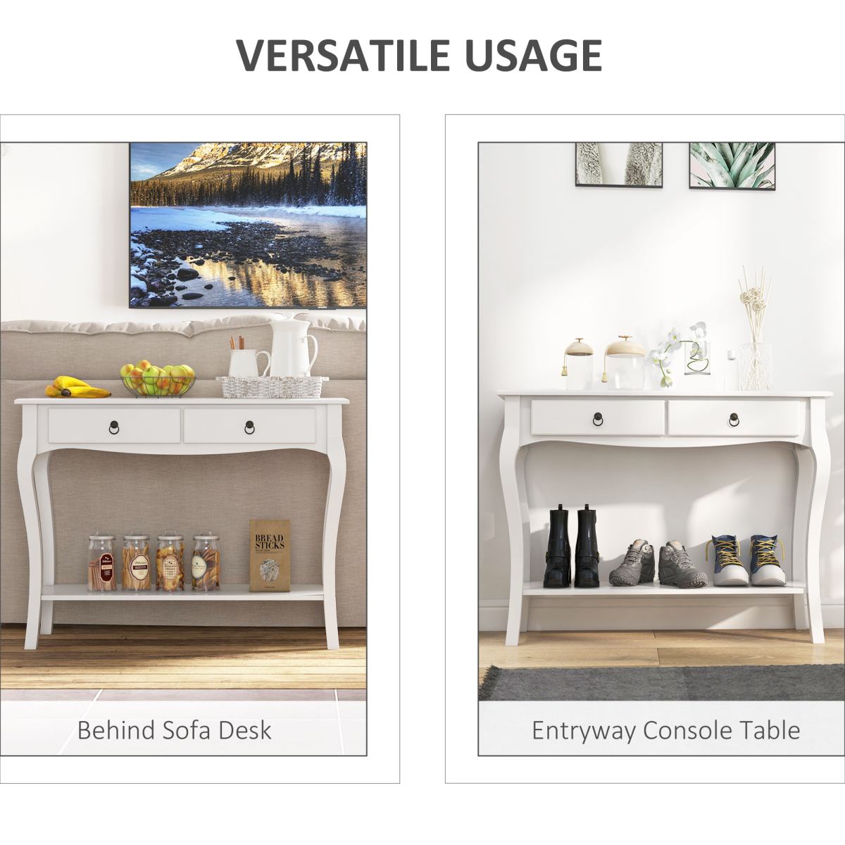 HOMCOM Ivory White Console Table with 2 Drawers and Lower Shelf