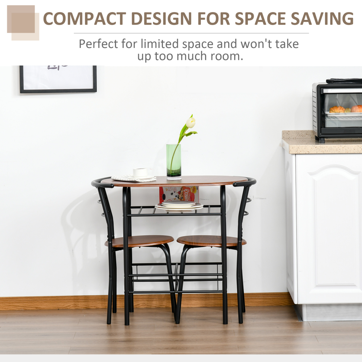 HOMCOM 3-Piece MDF Bar Table and 2 Stool Set with Bottle Storage Shelf, Wood Tone