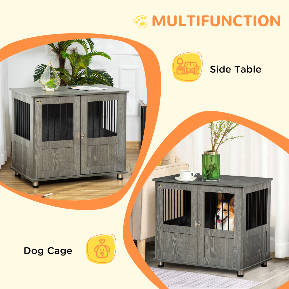 PawHut Wooden & Wire Dog Cage for Medium Dogs, Stylish Pet Kennel with Magnetic Doors, Wide Top and Elevated Base