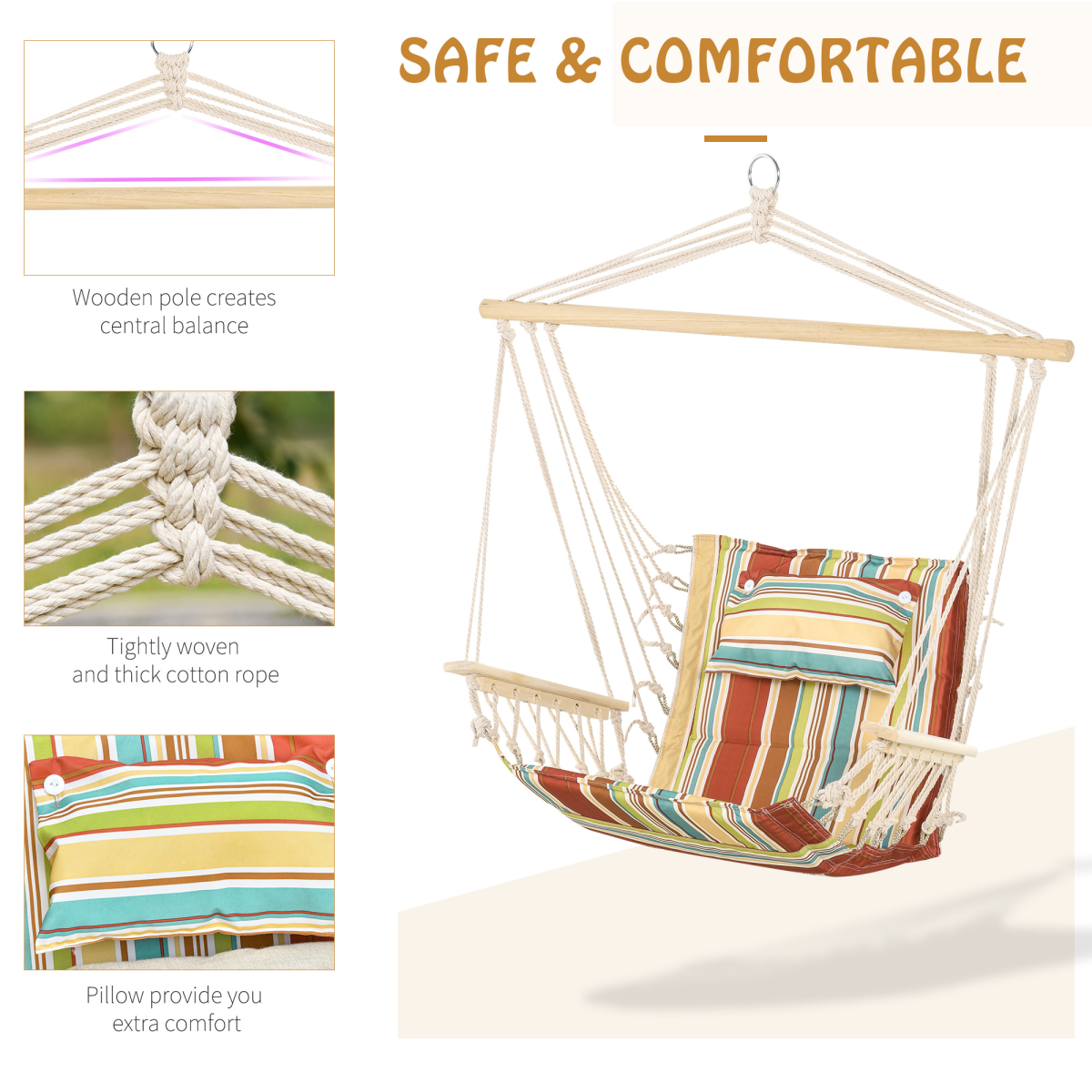 Outsunny Hanging Hammock Chair Swing with Wide Seat, Thick Rope, Wooden Armrests, Cotton Seat, Removable Pillow, 105kg Capacity