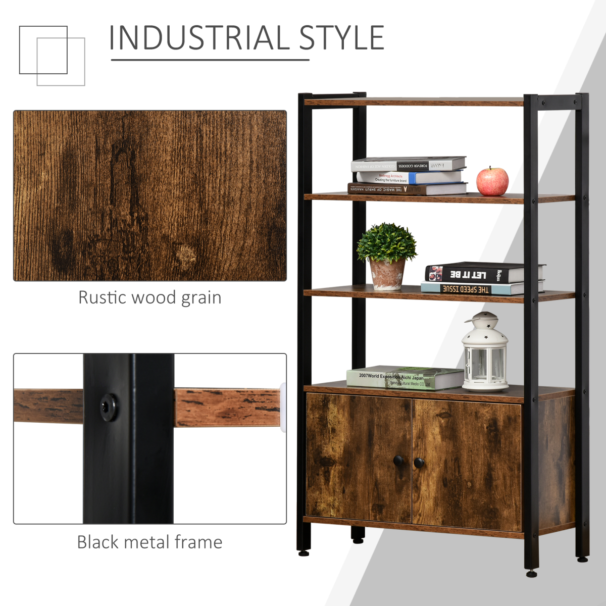 Industrial 3-Shelf Bookcase with Cupboard, Brown and Black
