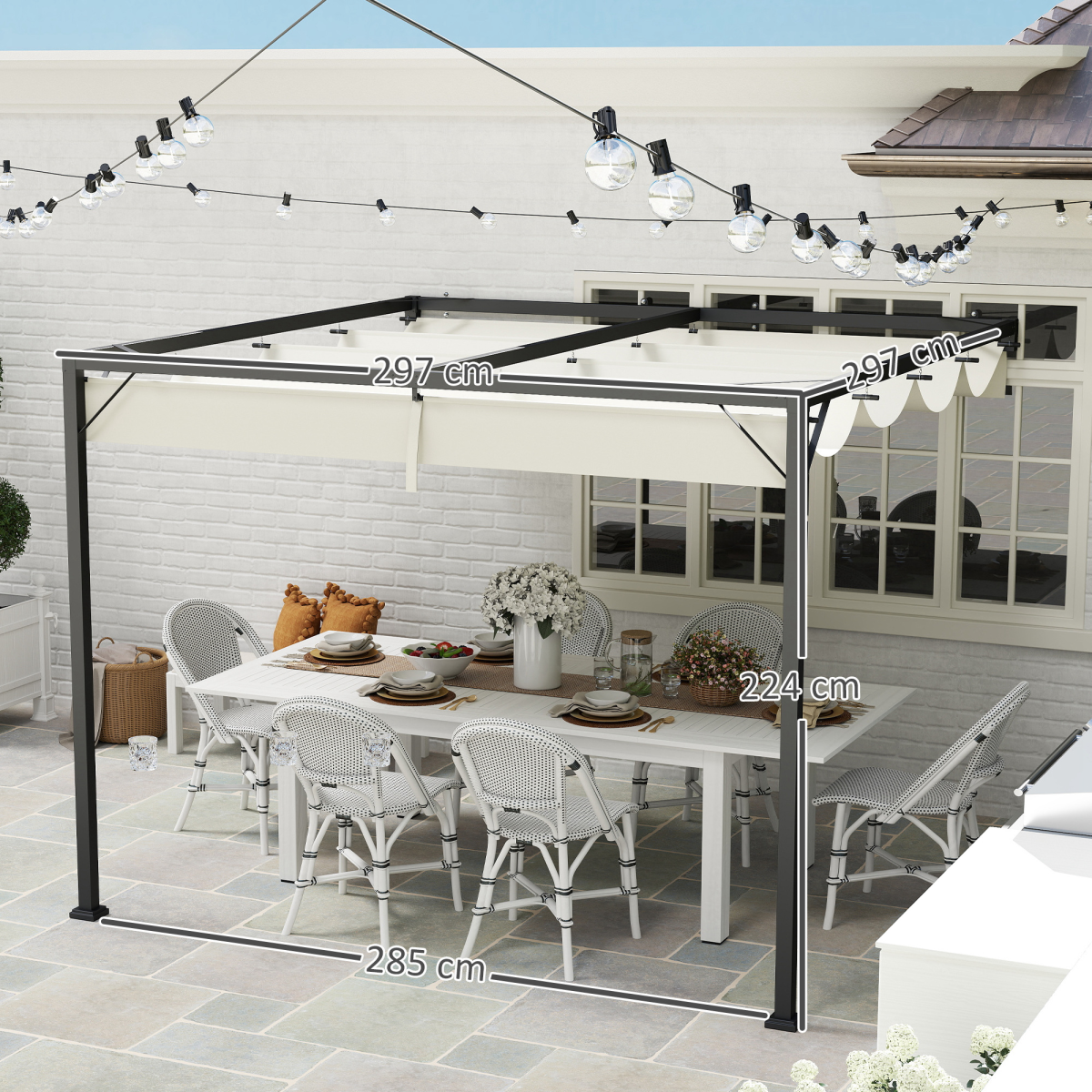 Outsunny 3x3m Wall-Mounted Pergola with Retractable Canopy, Cream White