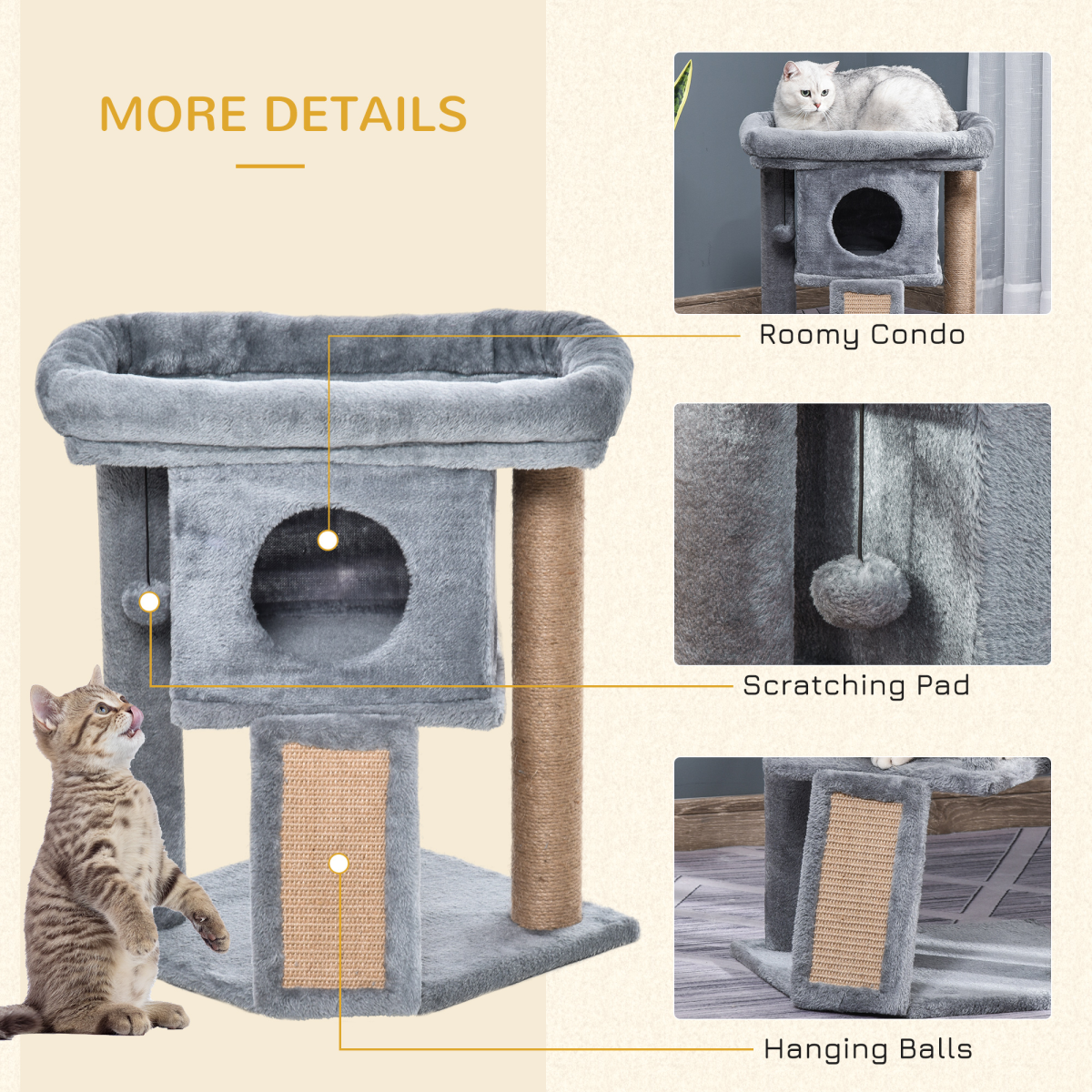 Grey Cat Tree Activity Centre with Scratching Pad, Toy Ball, Cat House and Top Perch
