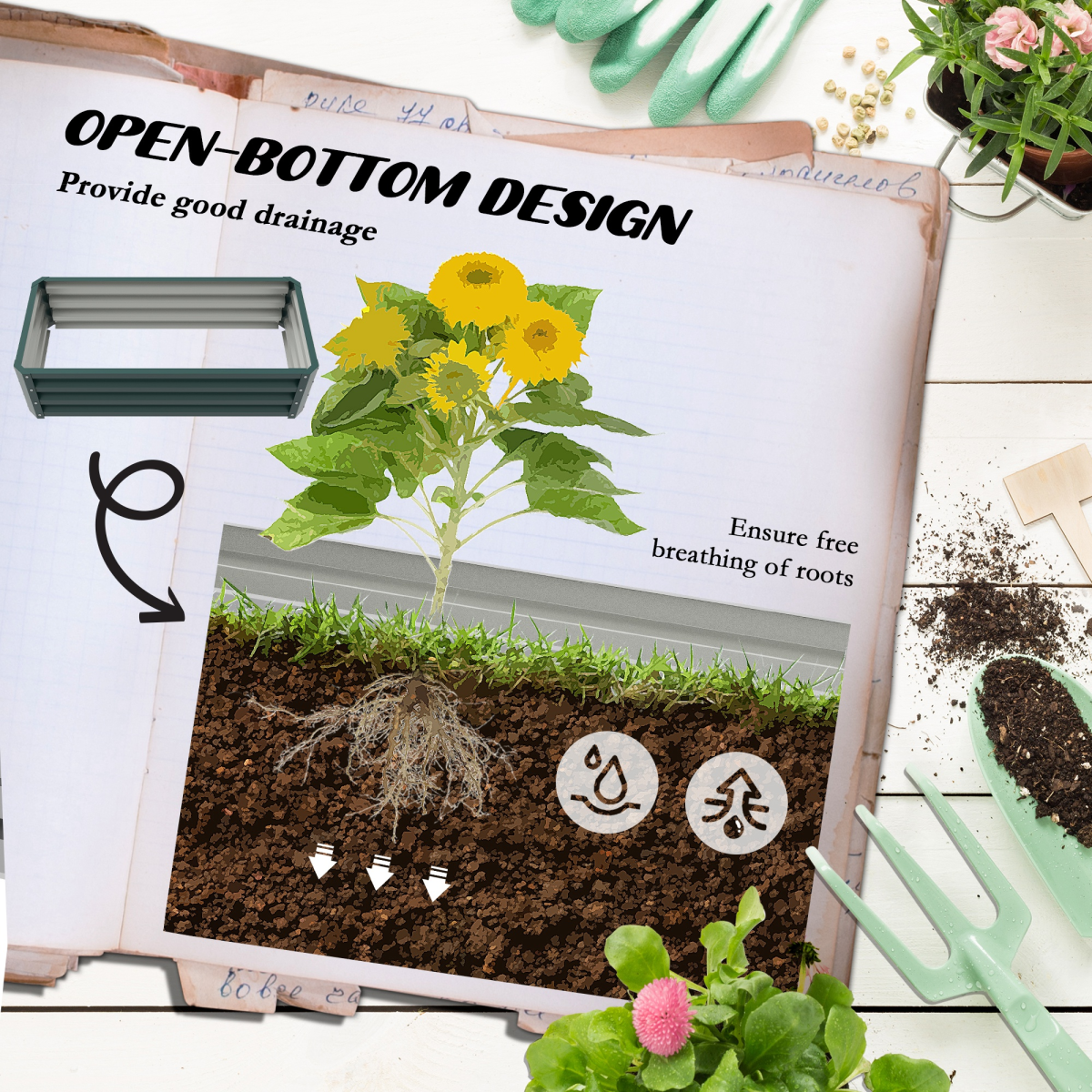 Outsunny Set of 2 Green Galvanised Steel Raised Garden Bed Planter Boxes