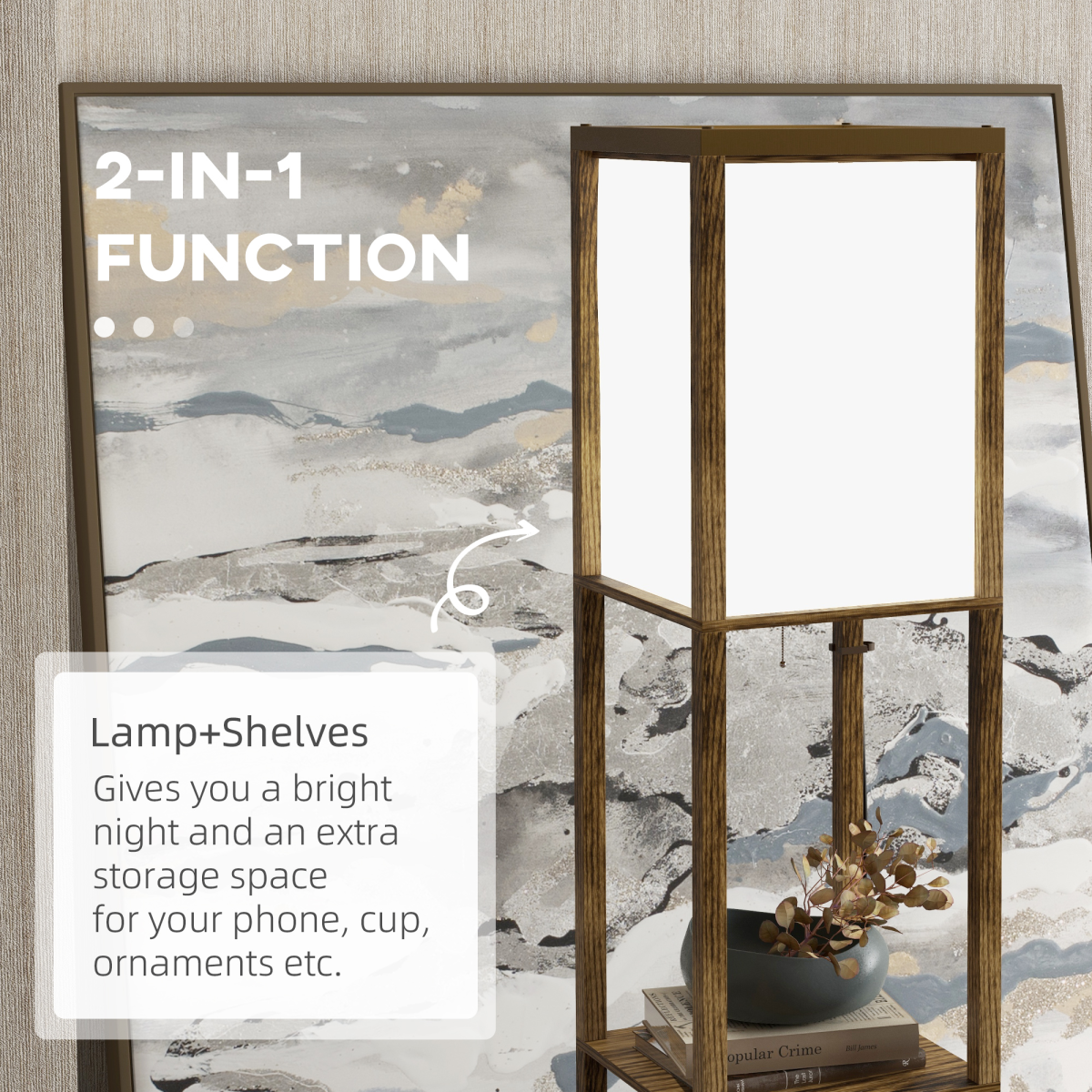 HOMCOM Shelf Floor Lamp with Dual Light, Brown for Living Room Bedroom