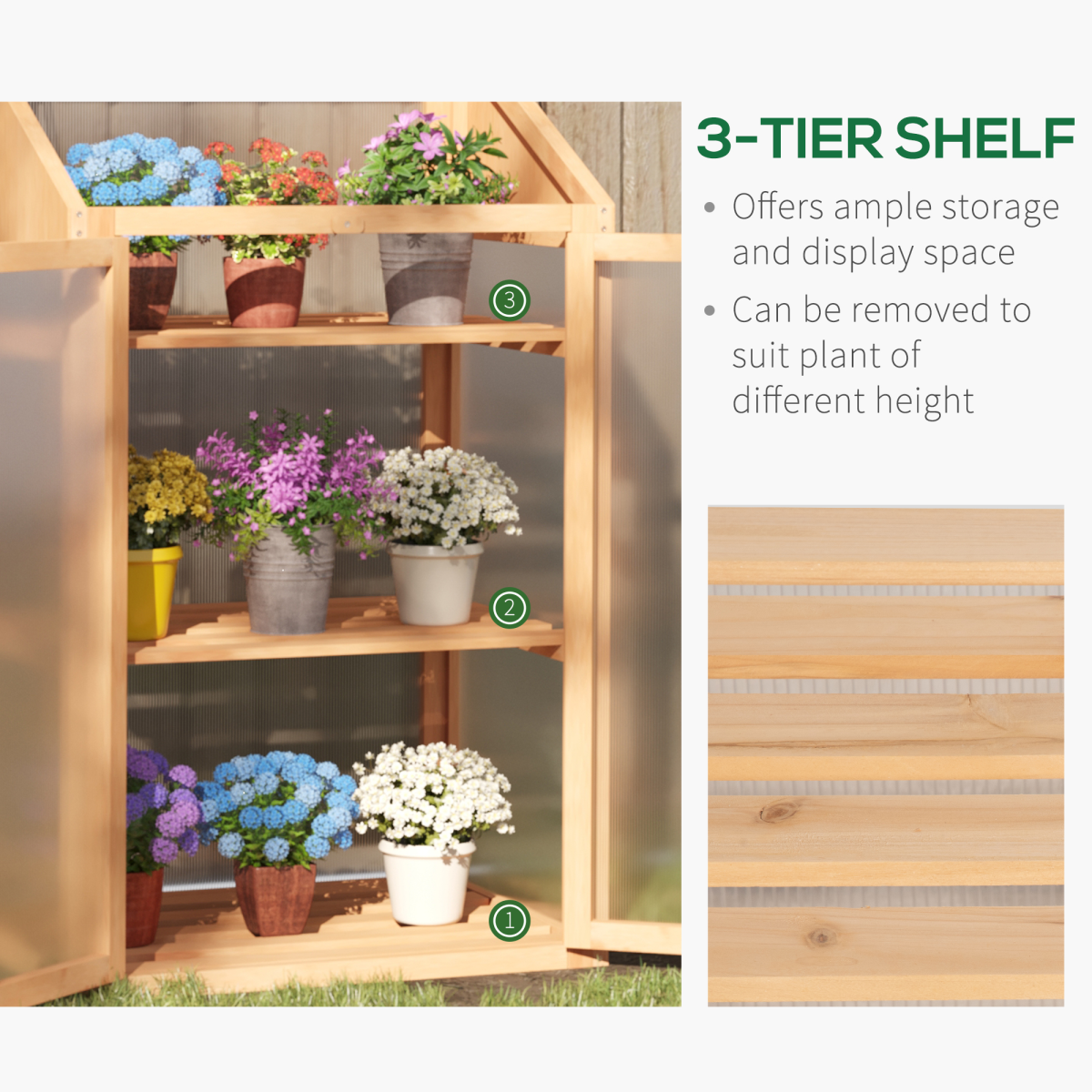 Outsunny Wooden Greenhouse Cold Frame with Polycarbonate Panels, Double Doors, Removable Shelves, Brown, 70x50x120cm