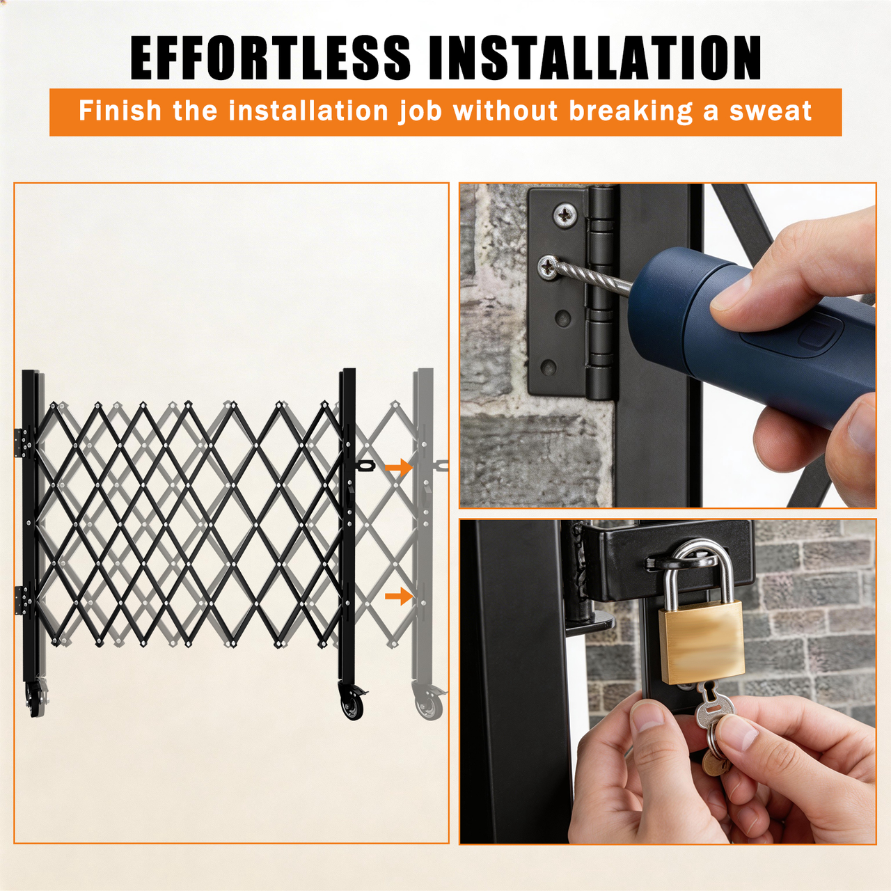 Foldable Security Gate, Expandable Safety Barrier with 360° Swivel Casters Lockable Design, Portable Mobile Rolling Barricade for Garage, Warehouse, Driveway and Pool Areas (51.57" H x 42" W)