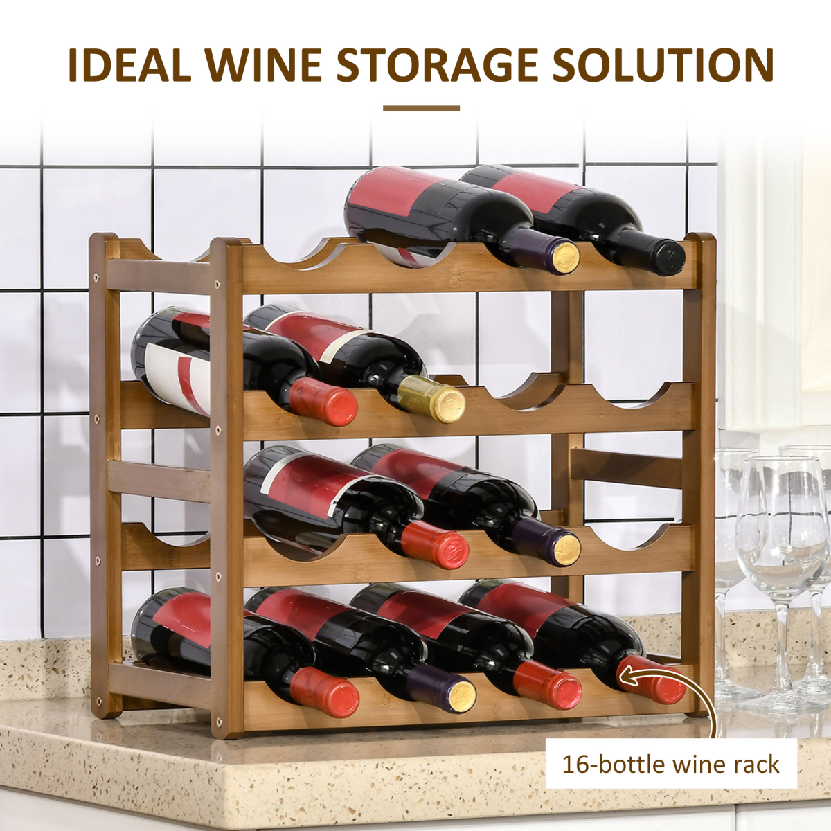 Bamboo 16-Bottle Wine Rack, 4-Tier Countertop Storage Display