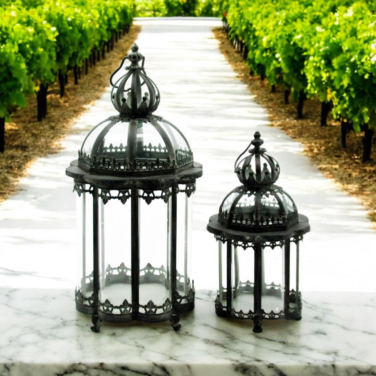 Set of 2 Hand-Finished Green Metal Garden Lanterns 65/45CM