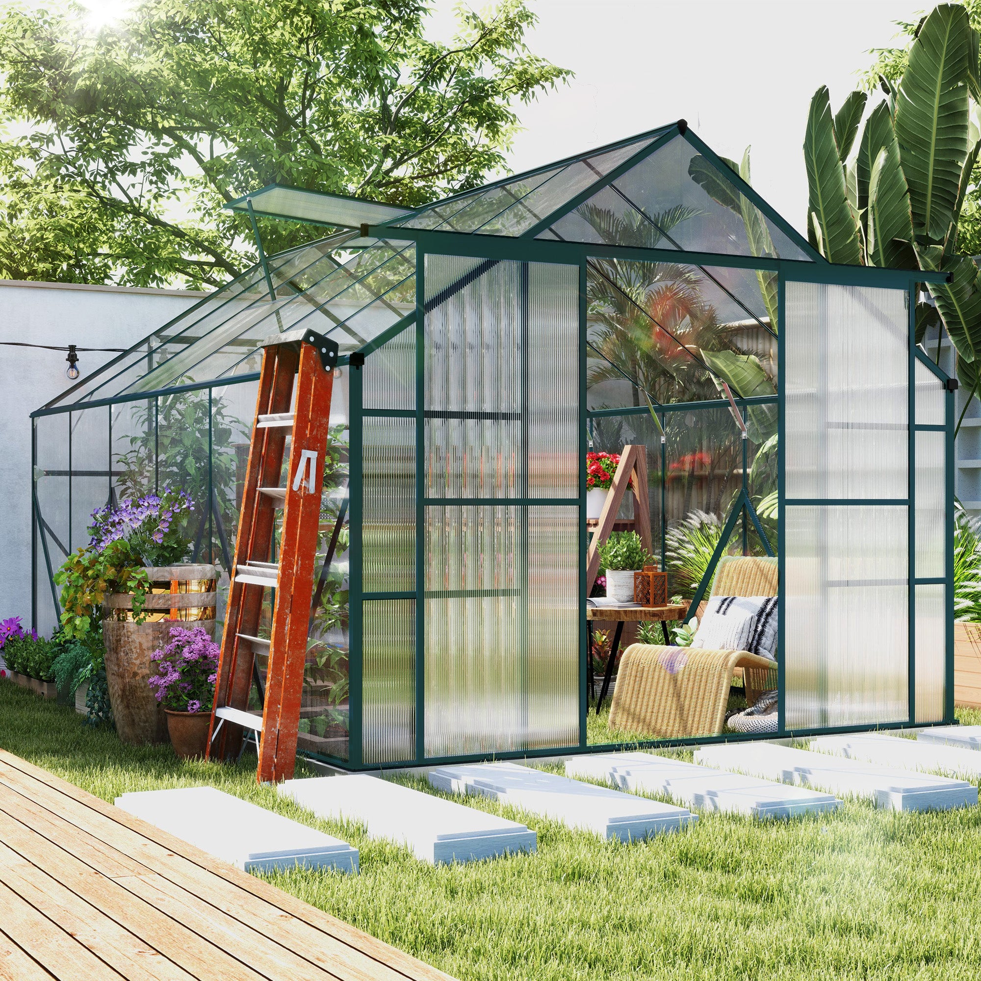 12x8ft Walk-In Polycarbonate Greenhouse with Double Sliding Doors