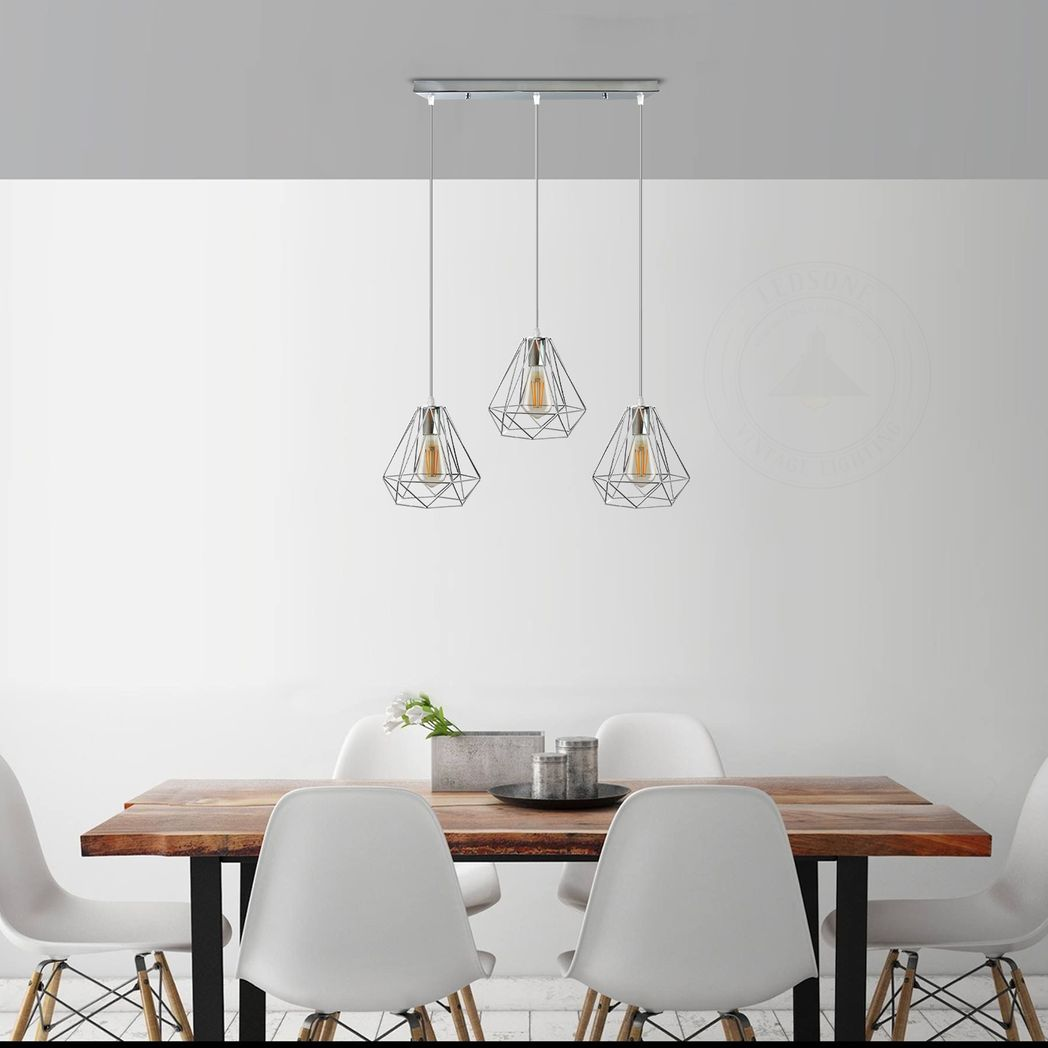 3 Head Rectangle Base Chrome Vintage Metal 20cm Diamond Wire Cage E27 Base Ceiling Pendant Light