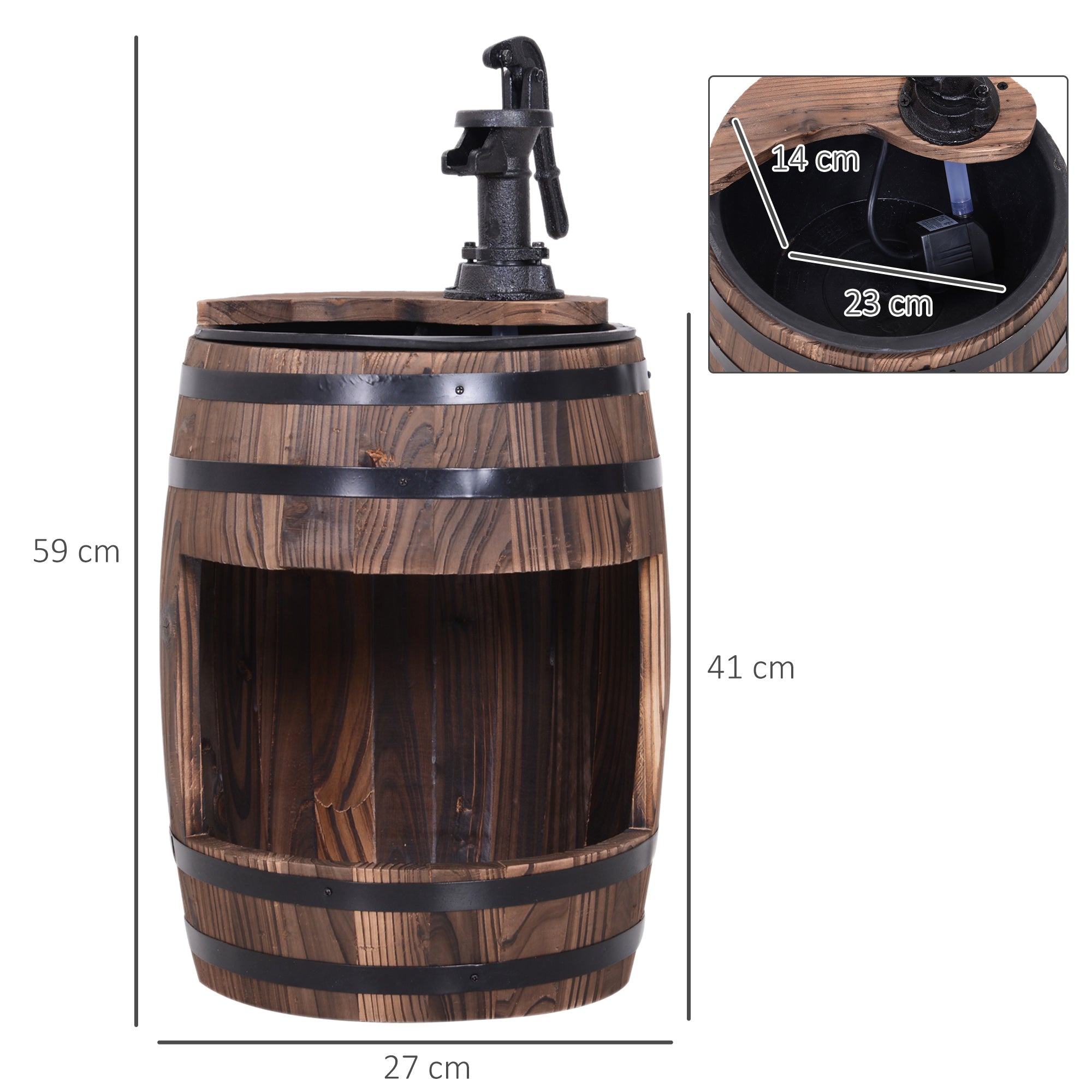 Outsunny Retro Wood Barrel Water Pump Garden Fountain with Adjustable Flow