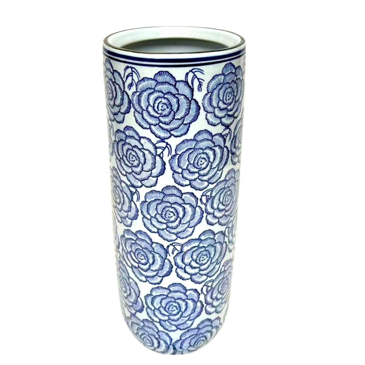 MSL 18 Inch Umbrella Stand with Blue Flowers, Traditional Glazed Vase for Flowers and Branches