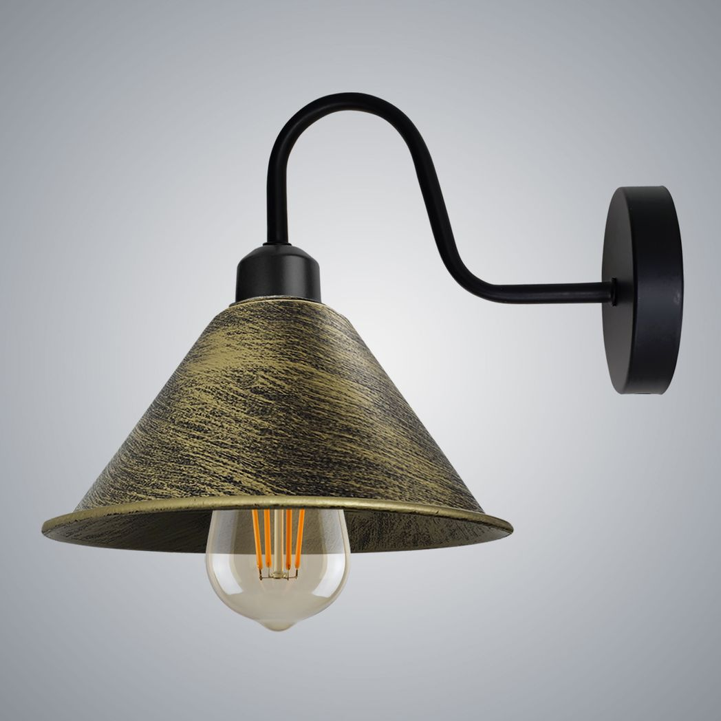 Vintage Brushed Brass Black Wall Sconce, E27 Cone Shade