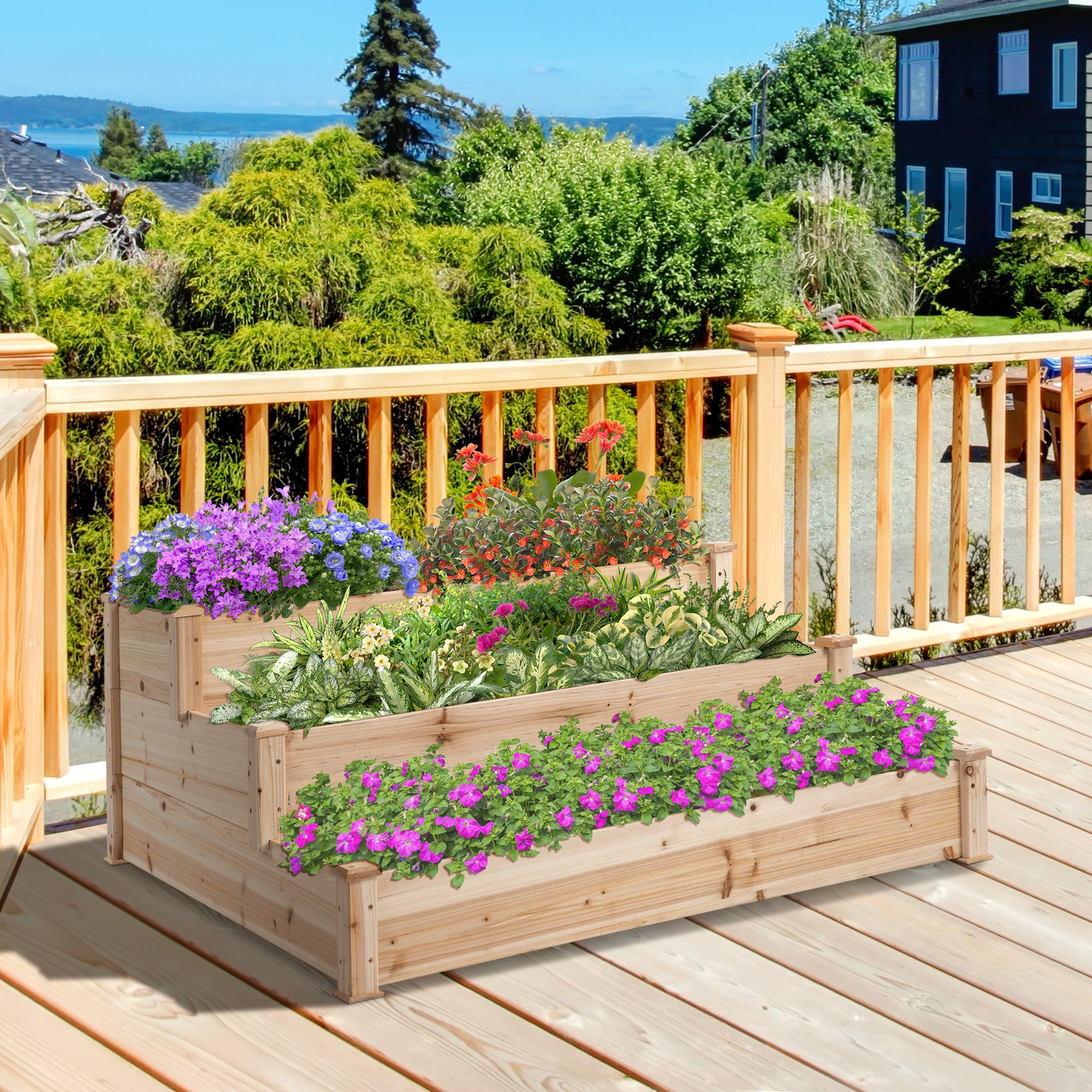 Outsunny Wooden 3-Tier Raised Planter Bed, 124x124x56cm