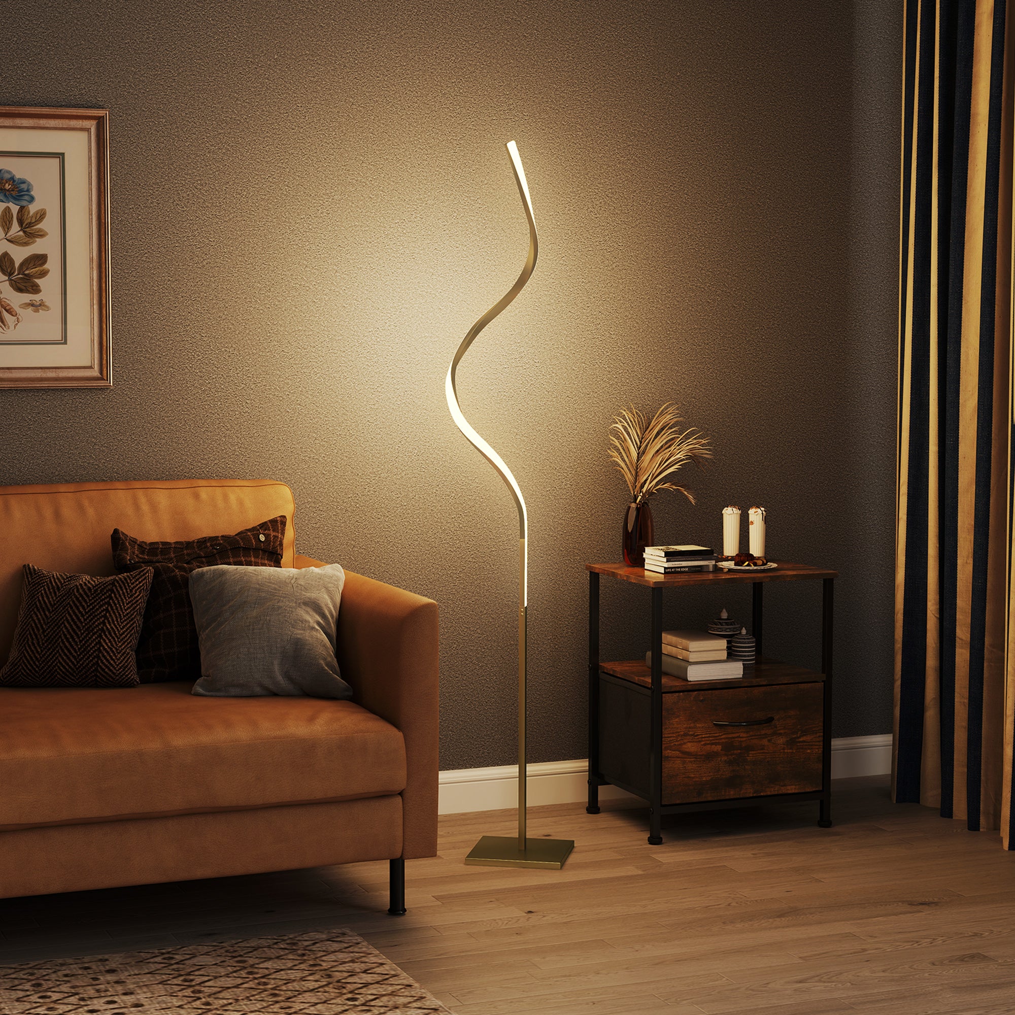 HOMCOM Gold Tone LED Floor Lamp, Spiral Standing Lamp with 3 Brightness Levels, Foot Switch, 24W