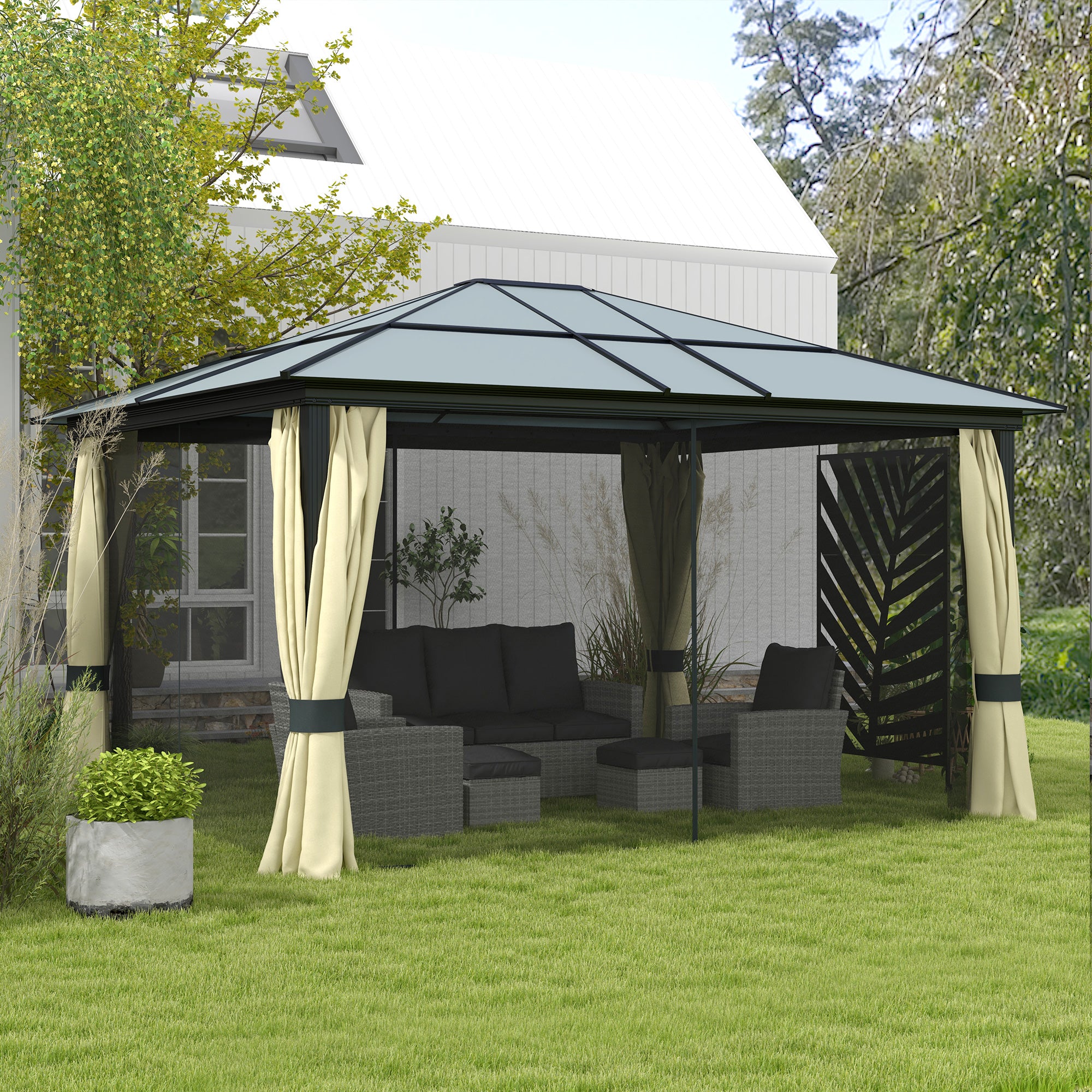 Outsunny 4.3m x 3.6m Aluminium Frame Polycarbonate Hardtop Gazebo with Curtains and Netting Brown