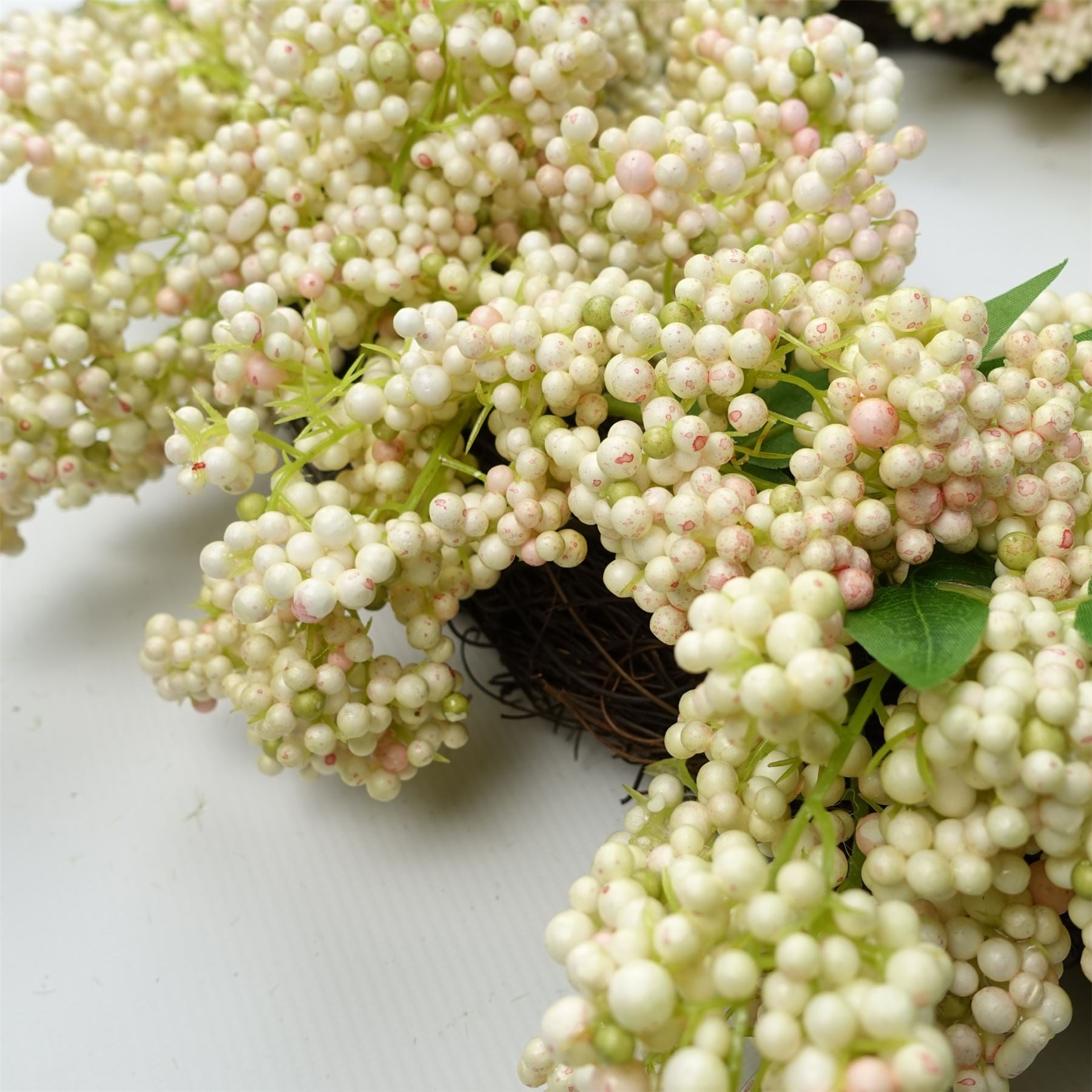 Leaf 55cm Artificial Hanging White Berry Wreath, 60cm Diameter, 45cm Woven Base