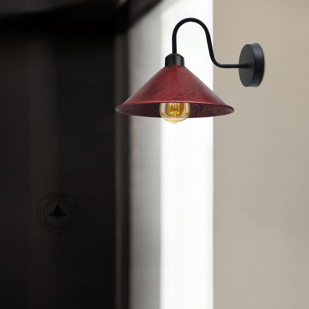 Vintage Rustic Red Black Wall Sconce, E27 Cone Shade