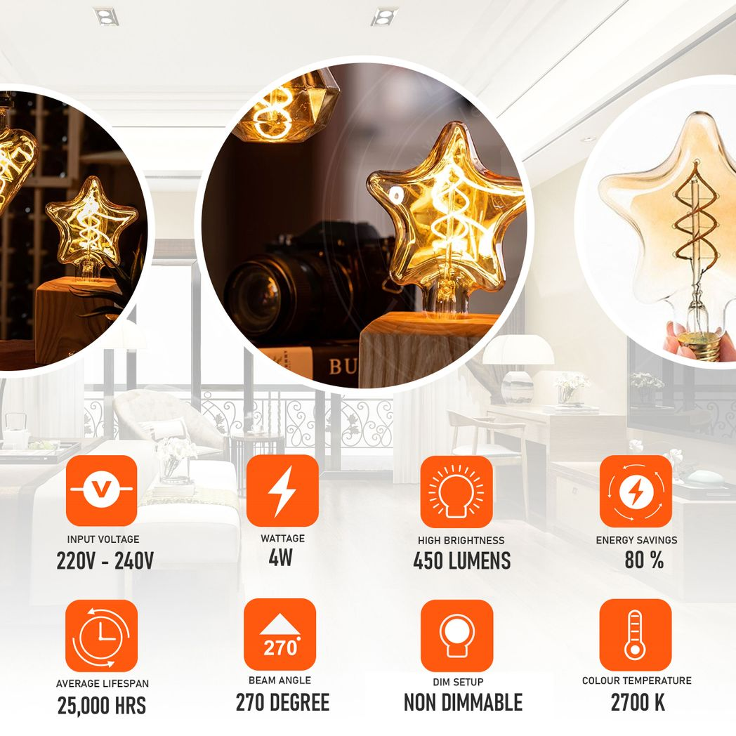 Vintage Retro E27 Amber Glass LED Bulbs, Warm White Light