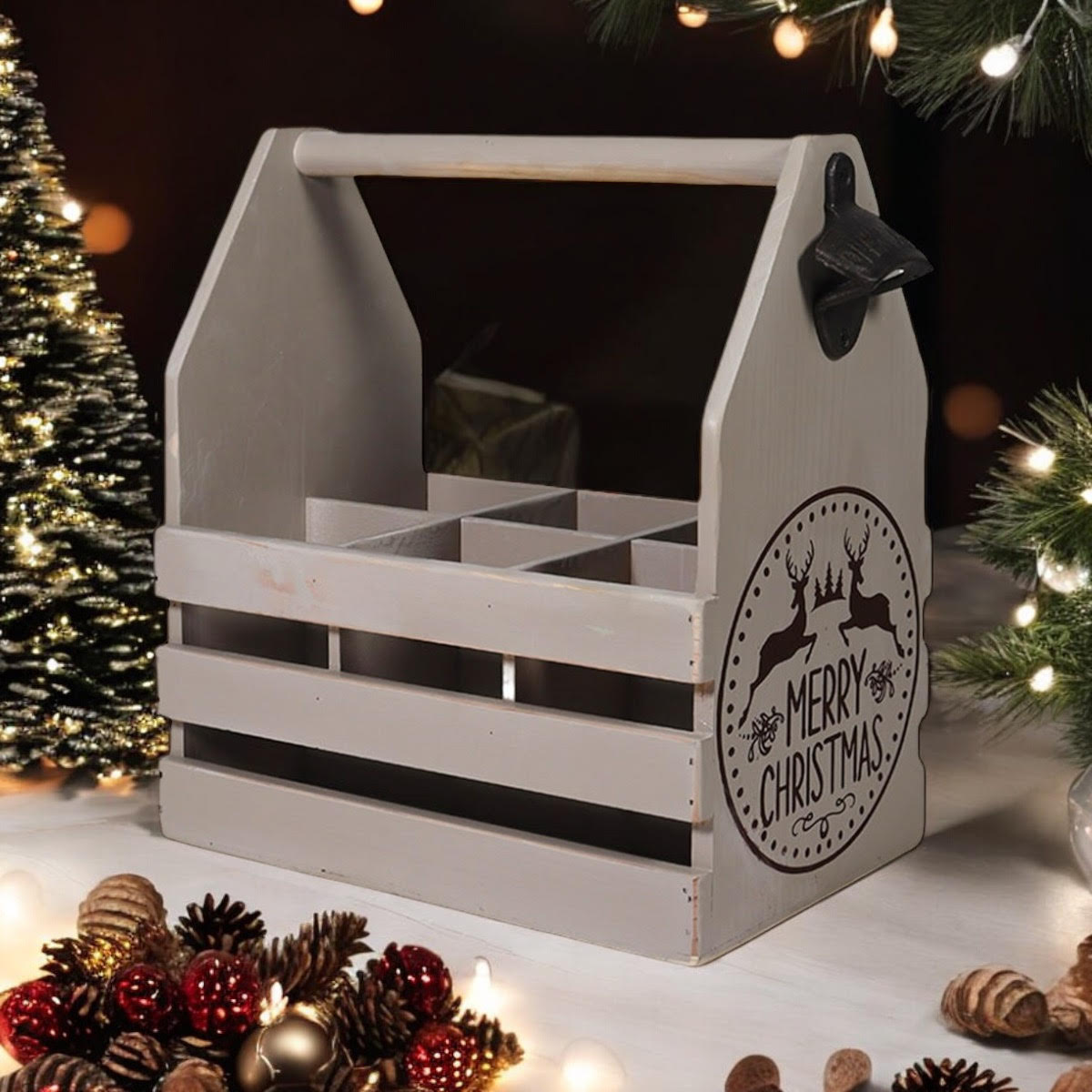 Rustic Grey 6-Bottle Holder with Opener, Hand Finished