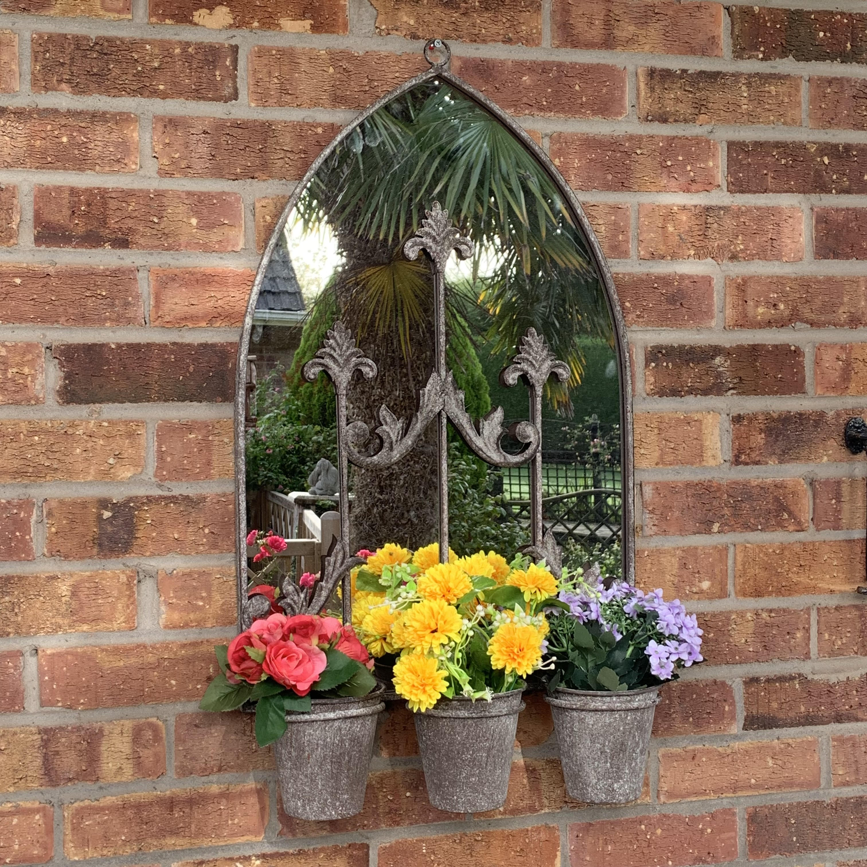 MSL Rusty Wall Mirror with Triple Planter, 60cm, Dark Grey, L15 x W45 x H78 cm