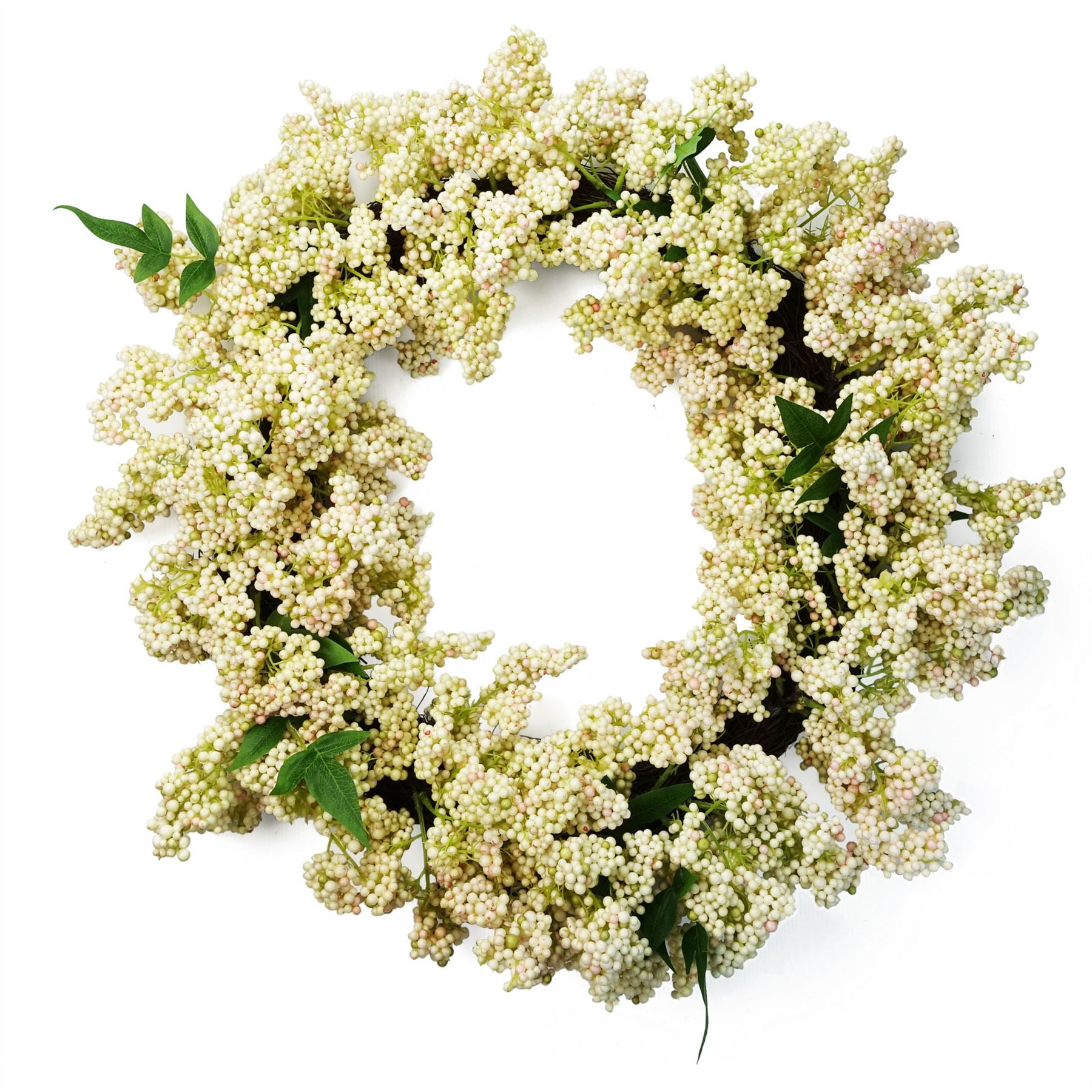 Leaf 55cm Artificial Hanging White Berry Wreath, 60cm Diameter, 45cm Woven Base