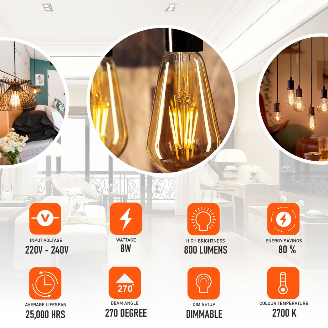 6Pack E27 LED Edison Dimmable Vintage Amber Glass Warm white 2700K Light Bulb