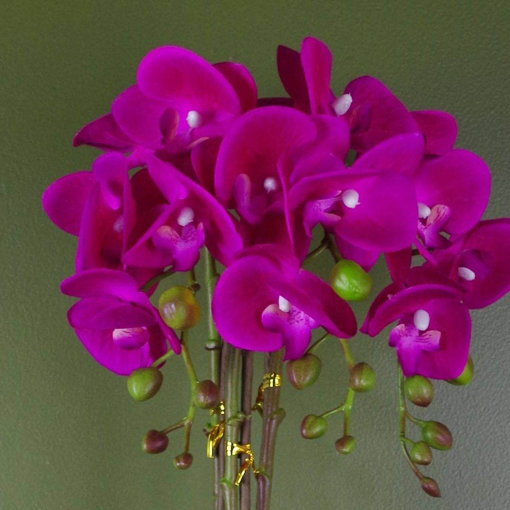 Leaf 52cm Artificial Orchid with 15 Lifelike Flowers, Real Touch Leaves, Silver Decorative Pot, Dark Pink and Silver
