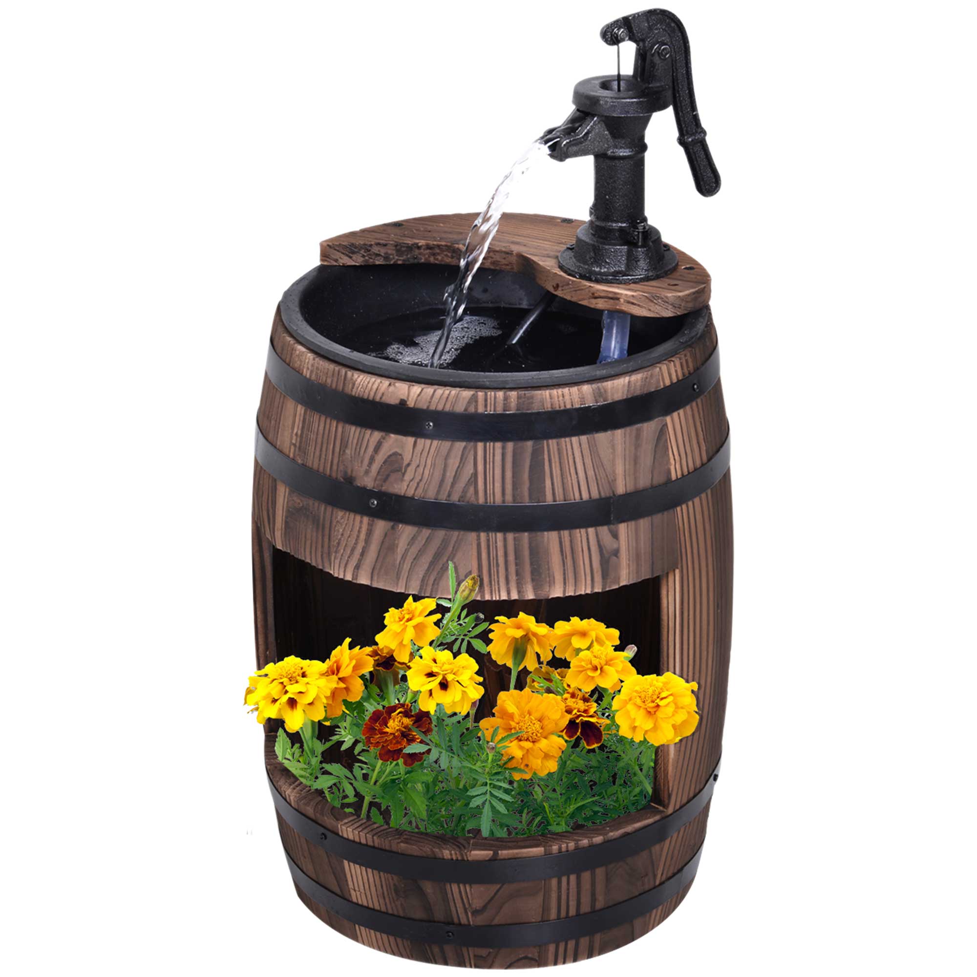 Outsunny Retro Wood Barrel Water Pump Garden Fountain with Adjustable Flow