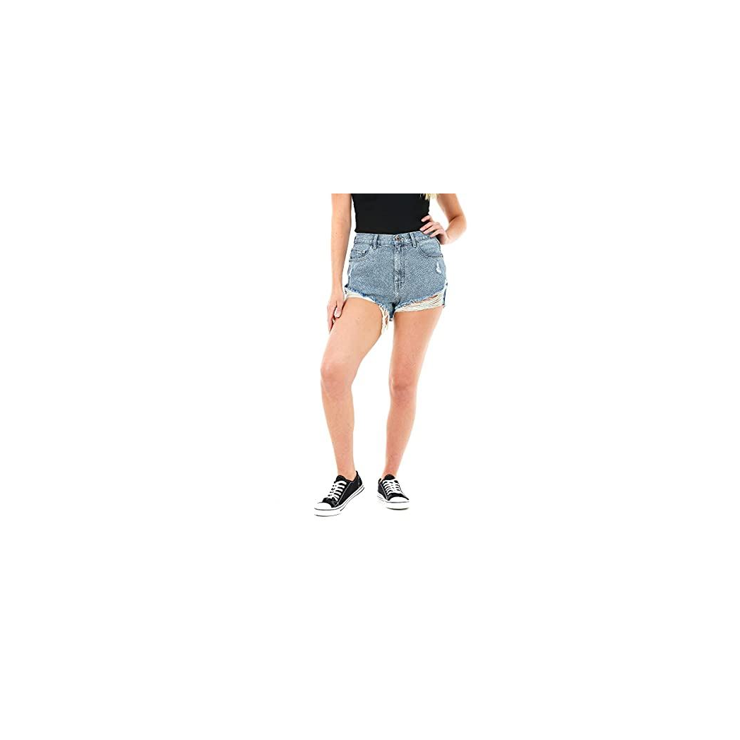M17 Ladies Distressed Denim Shorts with Rip Hemline, Button Zip Fastening, 100% Cotton