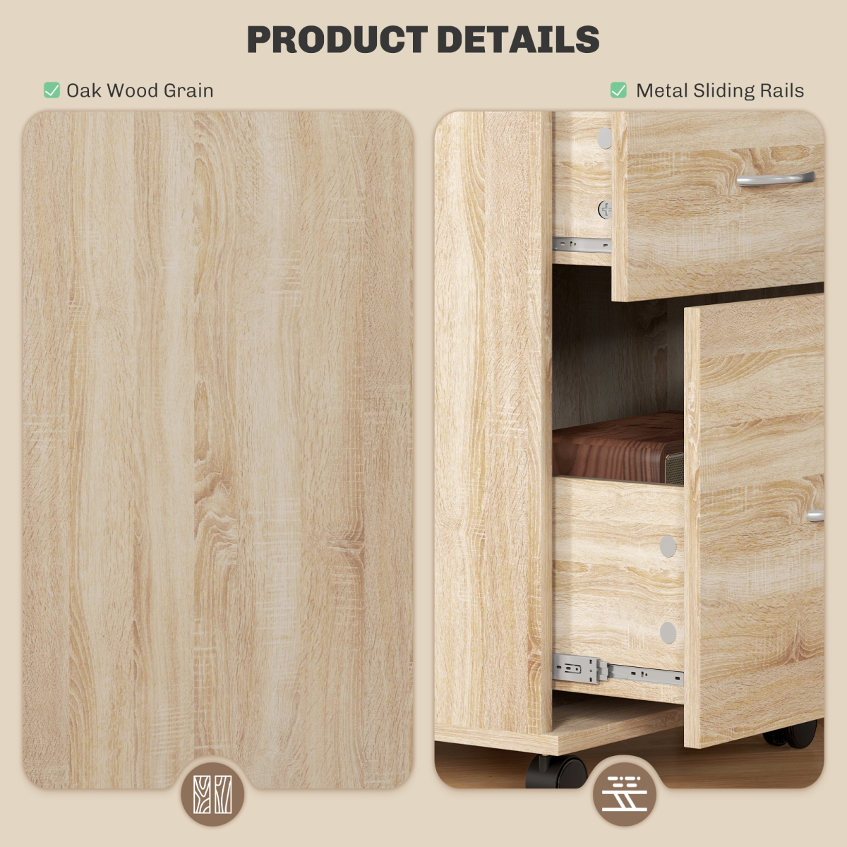 HOMCOM 2-Drawer Mobile Filing Cabinet with Lock, Oak Wood Grain