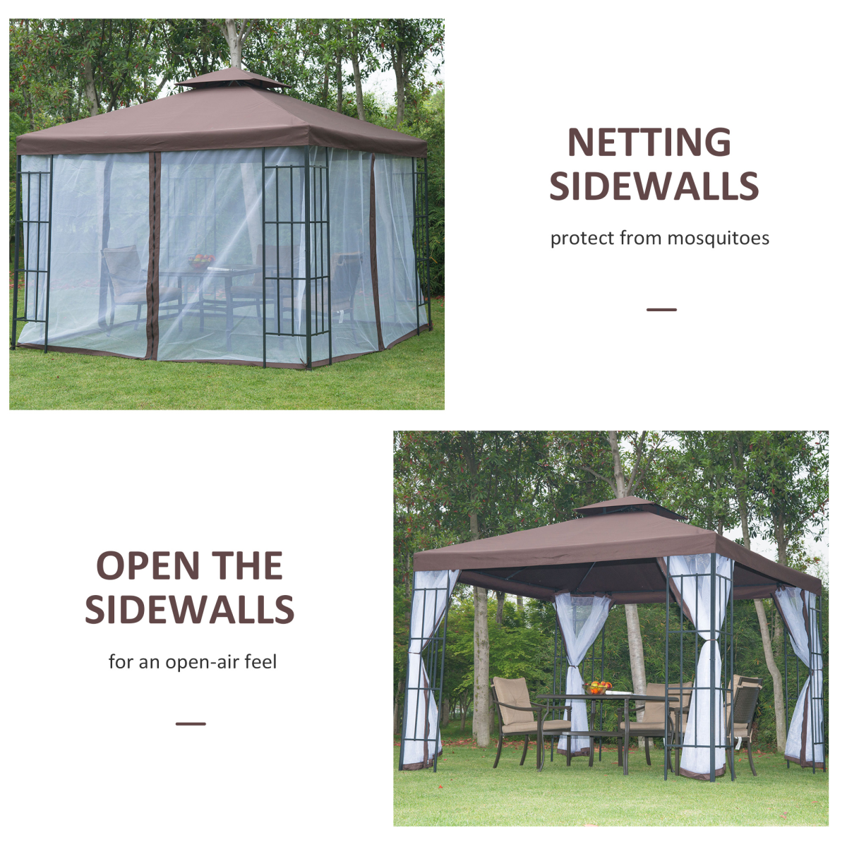 Outsunny 3x3m Garden Gazebo with Two-Tier Ventilated Canopy, 4 Mesh Sidewalls, Steel Frame