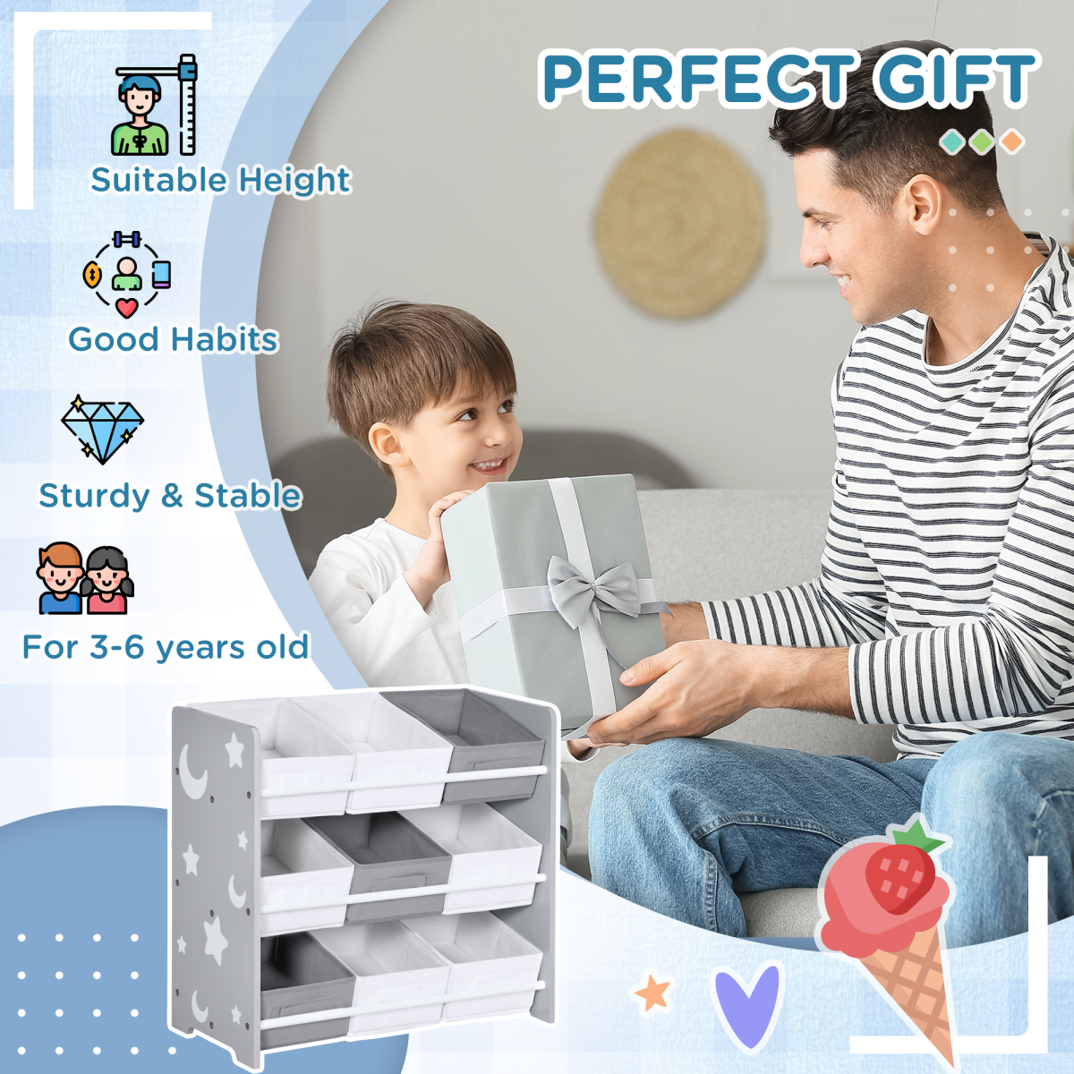 ZONEKIZ 9-Basket Storage Unit for Nursery Playroom, 3-Tier Kids Toy Storage, Grey