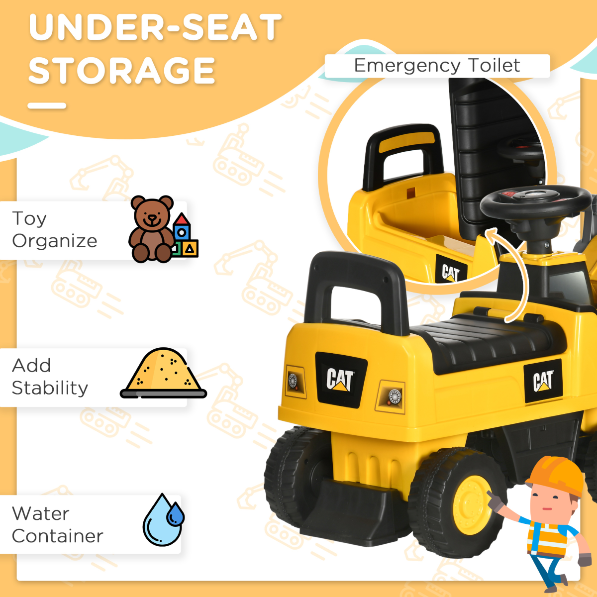 HOMCOM CAT Licensed Kids Ride-On Tractor with Manual Shovel, 1-3 Years