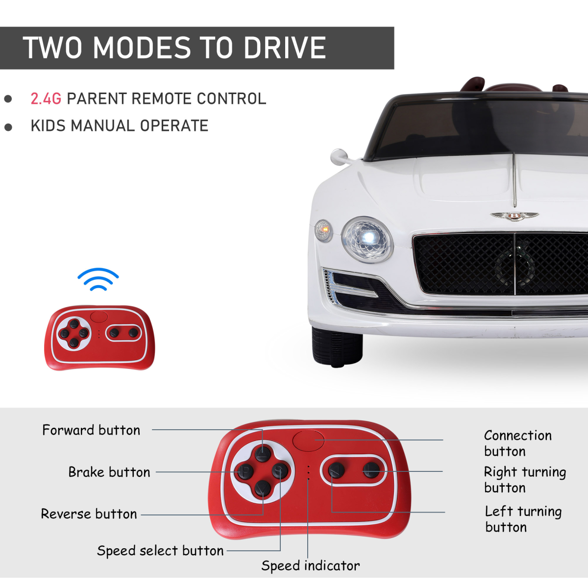 Bentley Style Electric Ride On Car with Twin Motors, Parental Remote Control, LED Lights, MP3 Player and Horn