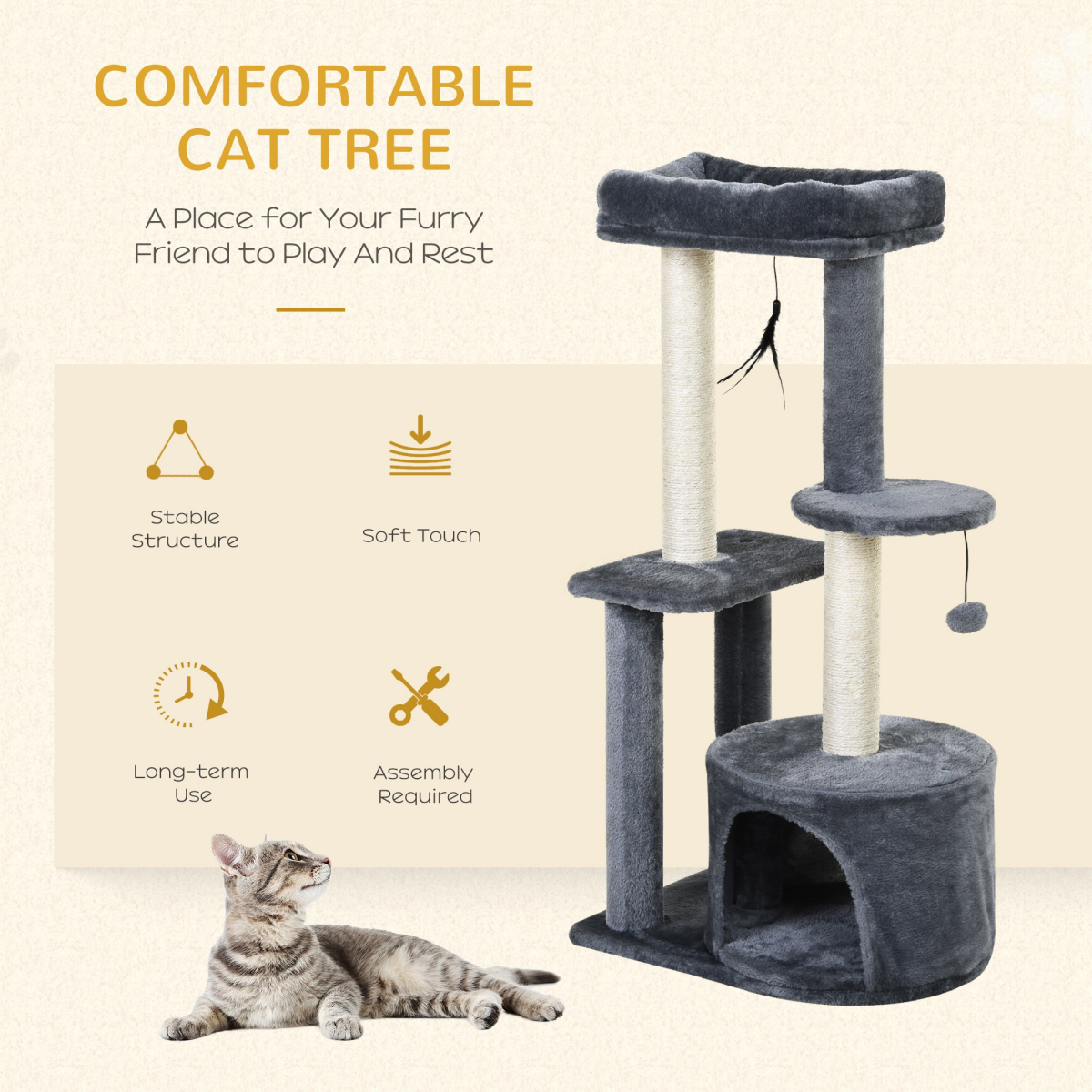 Cat Multi-Activity Tree Tower with House, Perch, Scratching Posts and Play Ball
