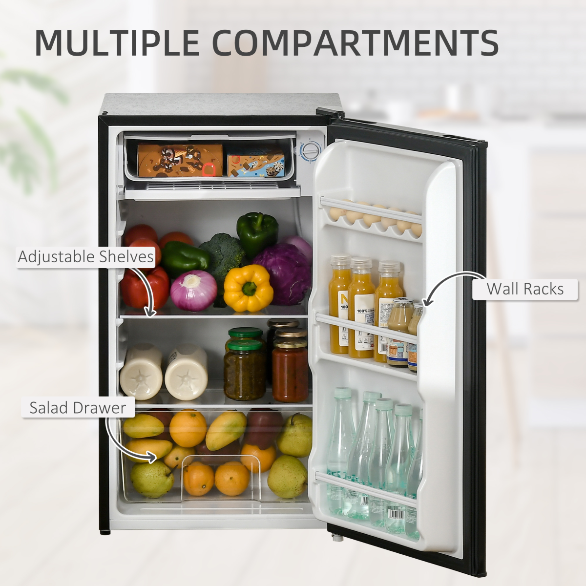 HOMCOM 91L Freestanding Under Counter Fridge with Chiller Box, Reversible Door, Black
