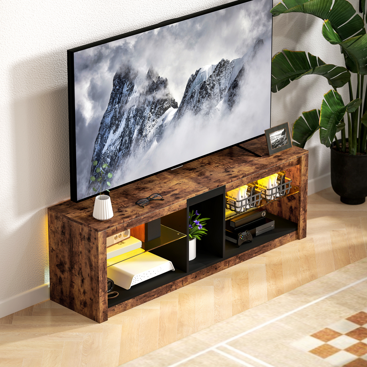 HOMCOM LED TV Stand, Rustic Brown, 140cm Entertainment Centre