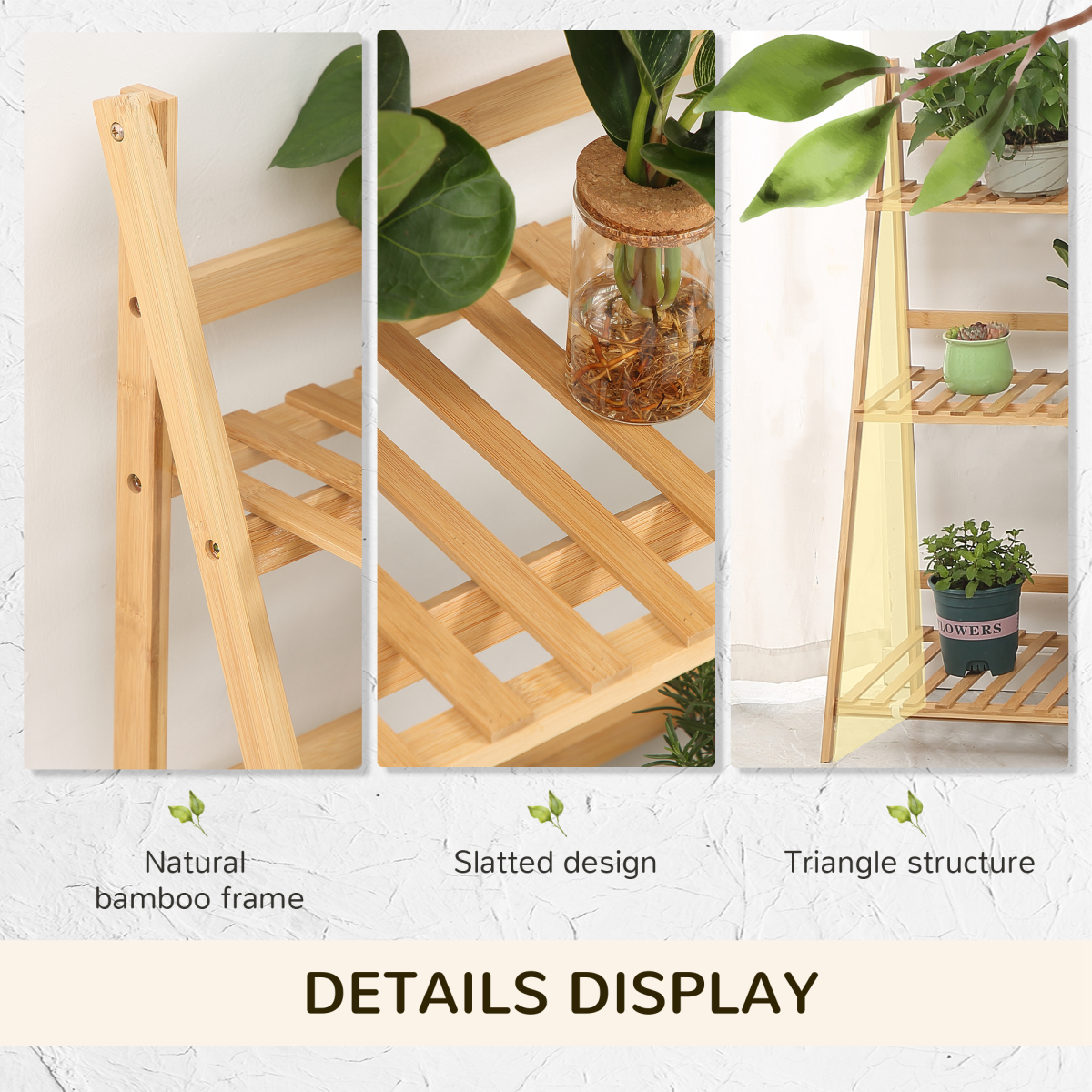 Outsunny Folding 3-Tier Bamboo Plant Stand Shelf for Indoor & Outdoor