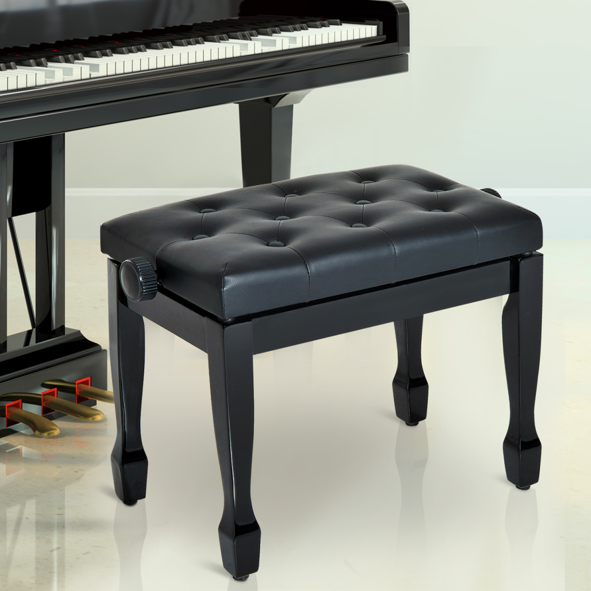 HOMCOM Adjustable Height Piano Bench Padded Faux Leather Seat with Wooden Legs