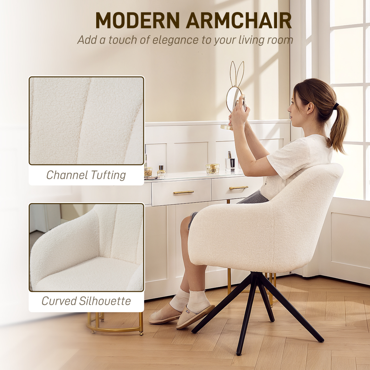 HOMCOM White Teddy Fleece 360° Swivel Accent Armchair